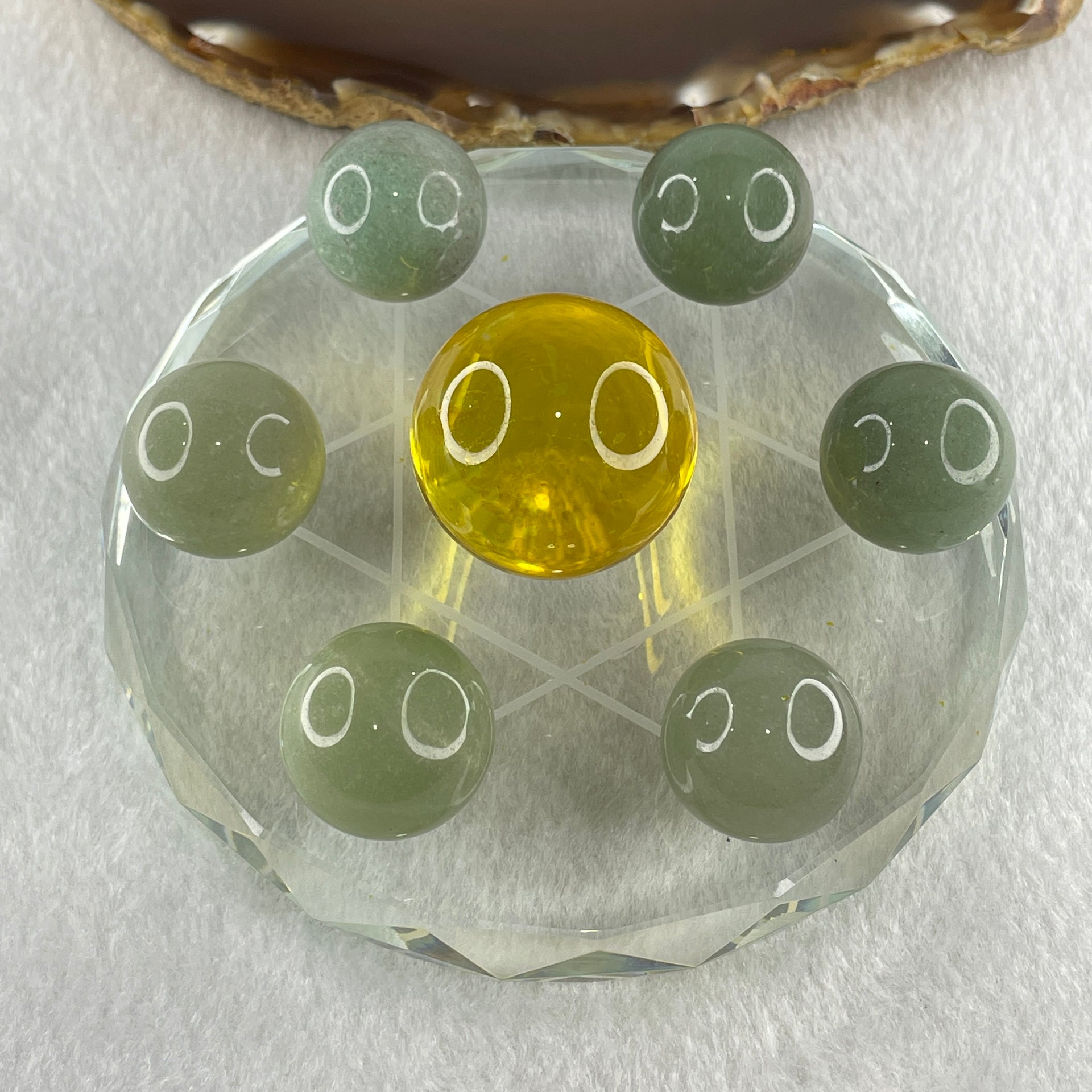 Natural Green Aventurine 20.8mm with Yellow Liuli 29.5mm 7 Sphere Balls Set with 7 Star Base Display 332.9g 100.8 by 40.5mm - Huangs Jadeite and Jewelry Pte Ltd