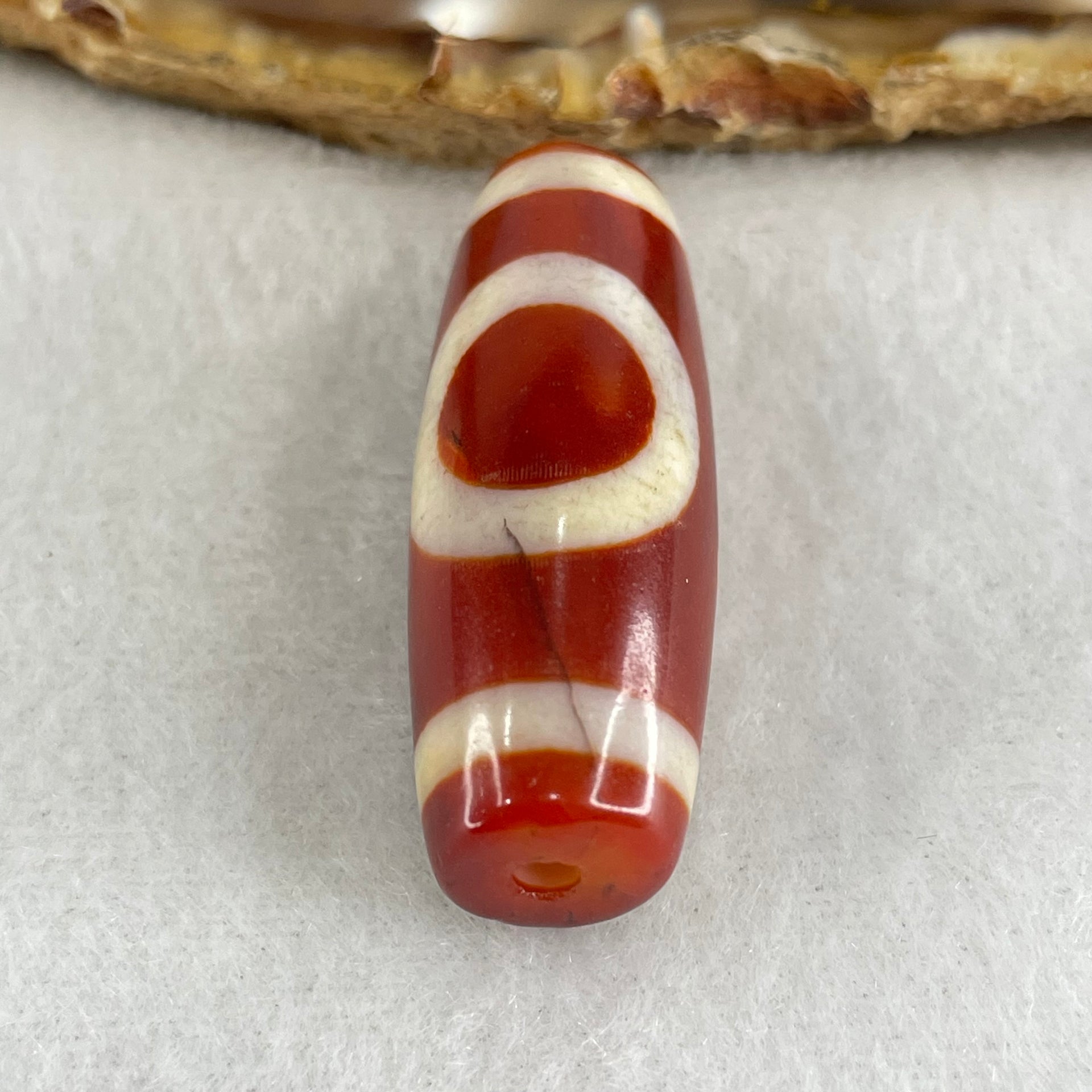 Natural Powerful Tibetan Old Oily Red White Agate One Eye Gold Metal Element Dzi Bead Heavenly Master (Tian Zhu) 一眼金天珠 10.95g 37.5 by 13.6mm - Huangs Jadeite and Jewelry Pte Ltd