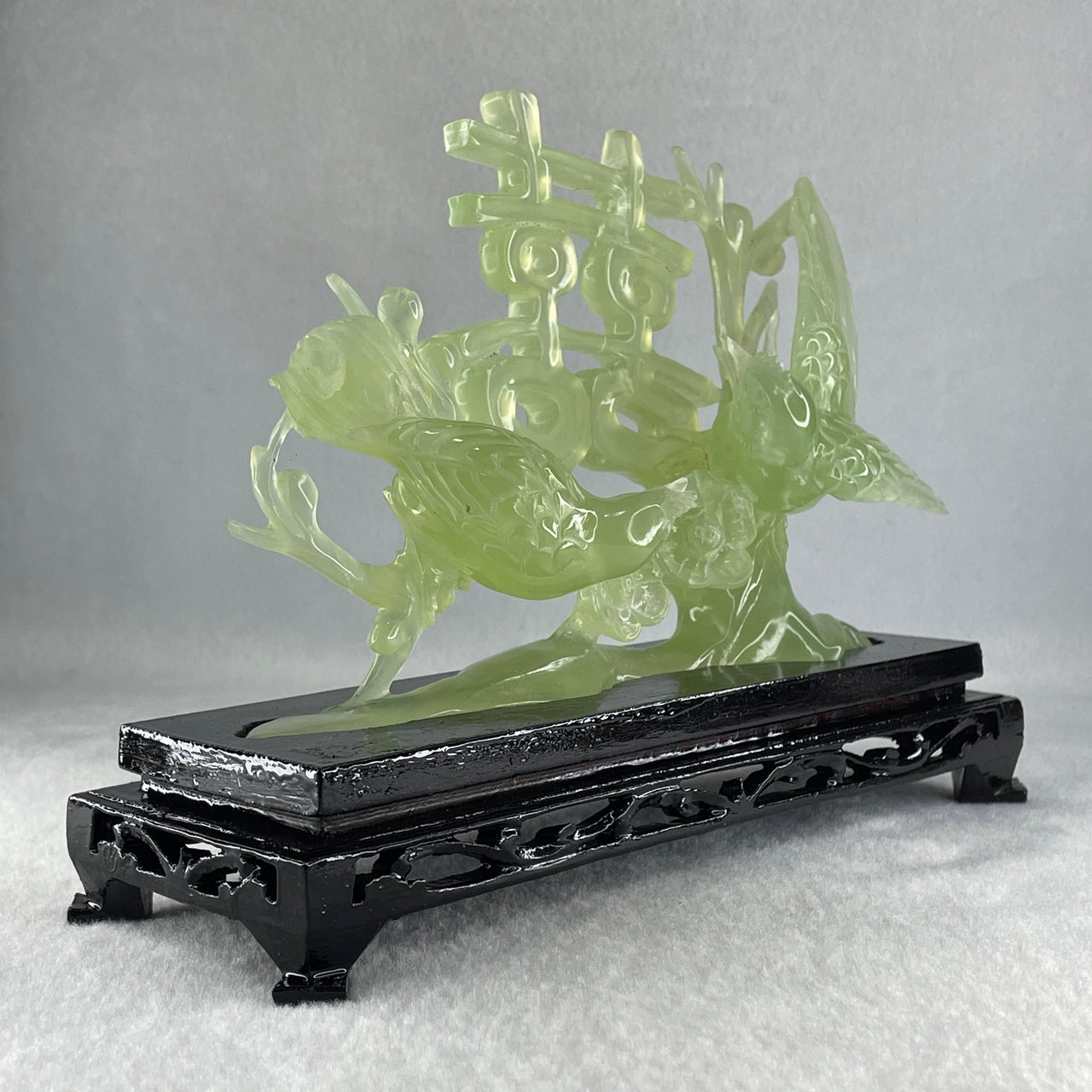 Natural Green Serpentine 囍 Double Happiness Love Birds with Flower with Wooden Stand Display 469.1g 192.0 by 138.0 by 68.0mm - Huangs Jadeite and Jewelry Pte Ltd
