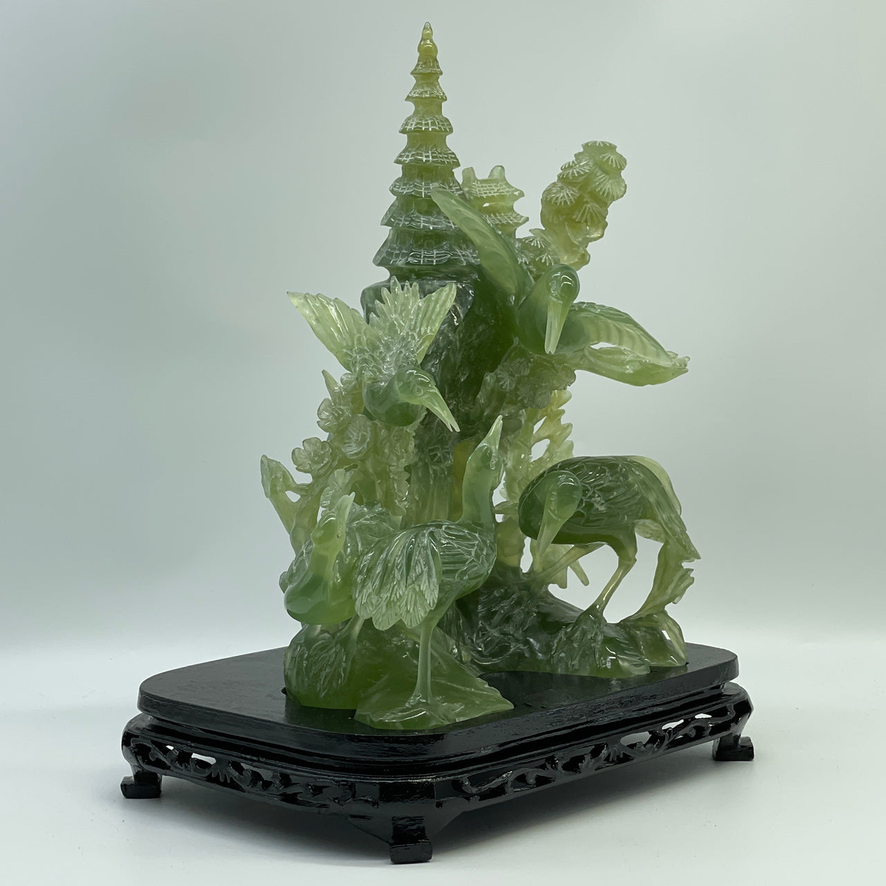 Natural Semi Icy Green Serpentine 5 Crane on Bamboo Shot and Pagoda with Wooden Stand Display 2,750.3g 226.0 by 166.0 by 285.0mm