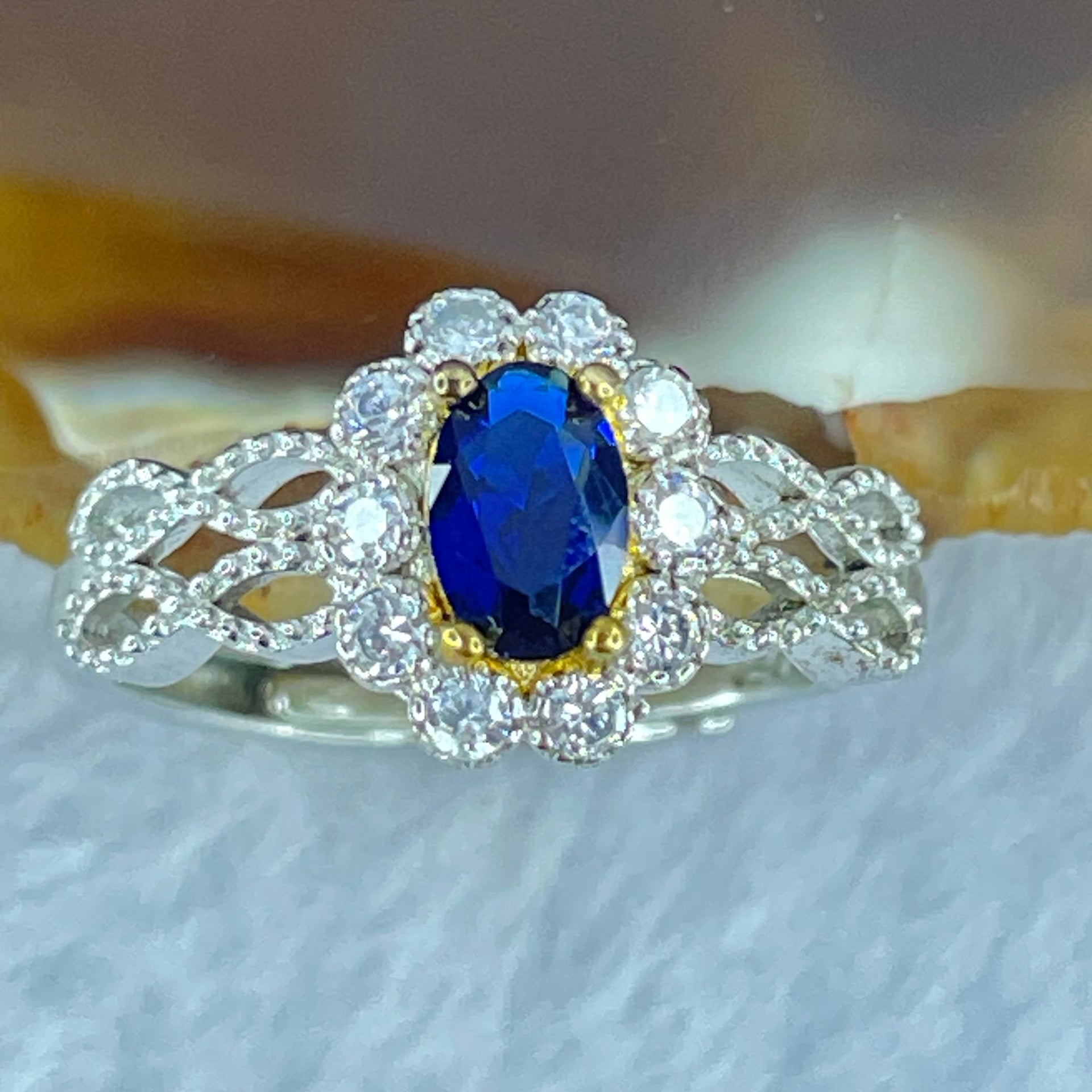 Blue Cubic Zirconia in S925 Sliver Ring (Adjustable Size) 1.68g 6.1 by 3.8mm 2.0mm - Huangs Jadeite and Jewelry Pte Ltd