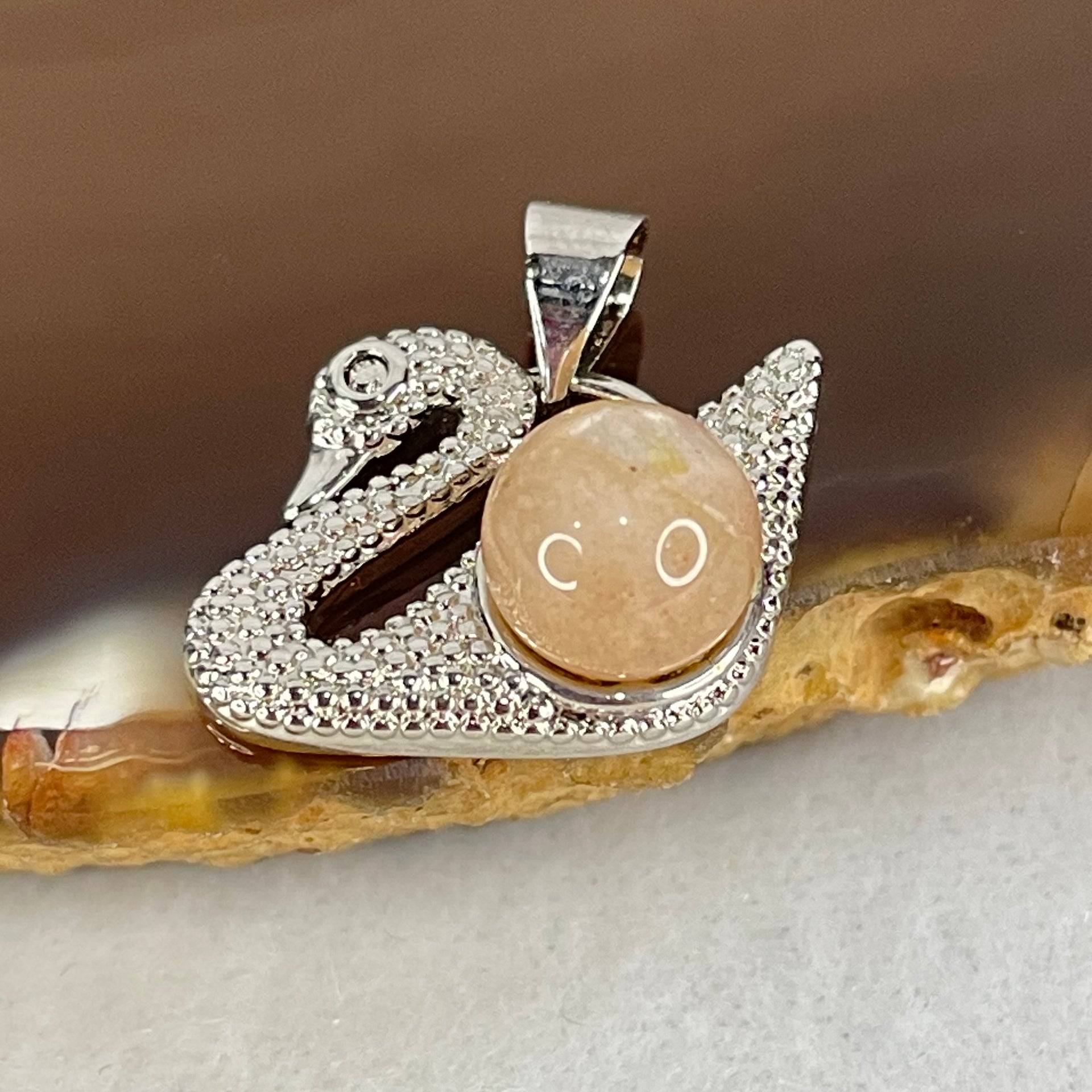 Natural Sunstone Bead with Crystals in S925 Sliver Swan Charm 3.16g 7.6mm - Huangs Jadeite and Jewelry Pte Ltd