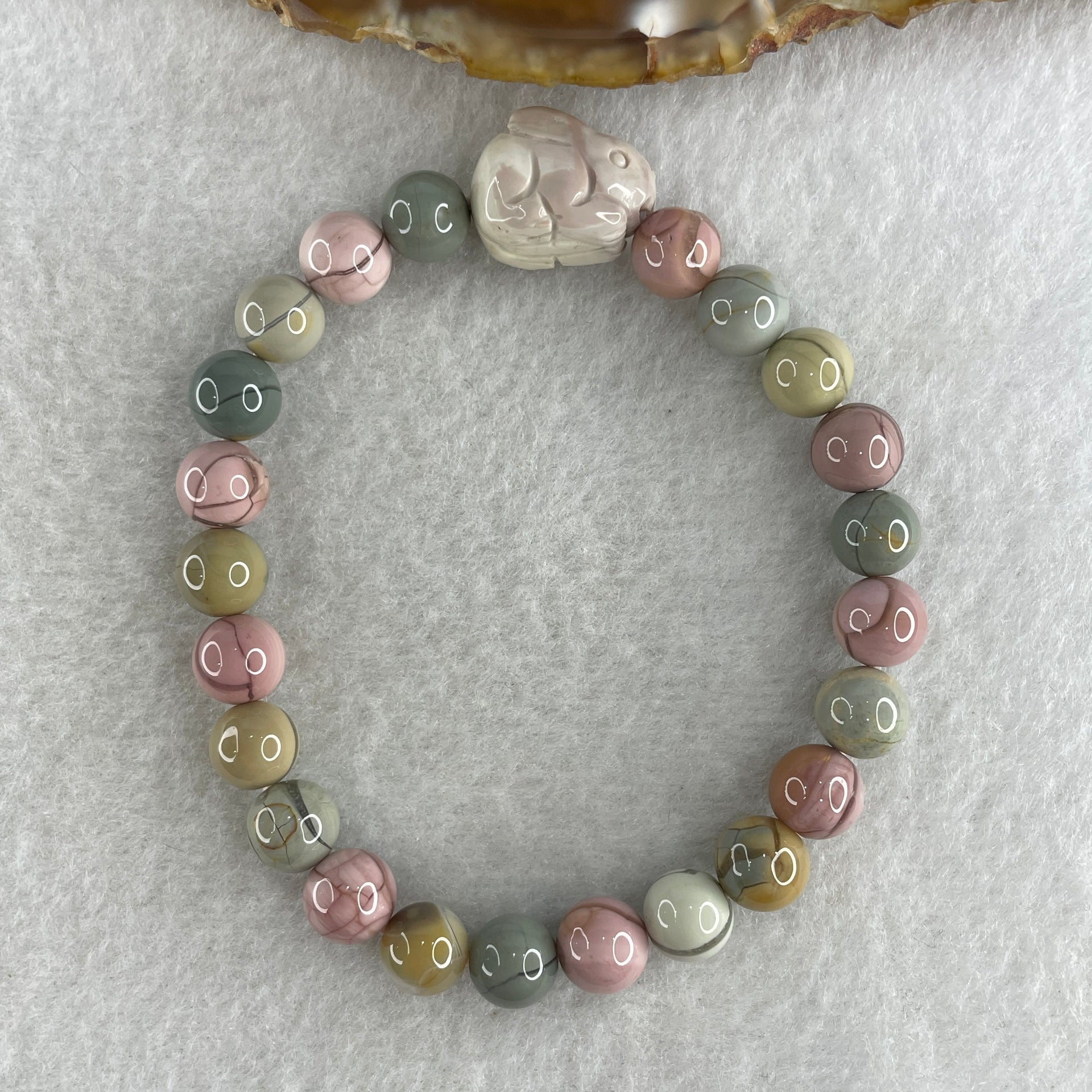 Natural Alashan Agate Pastels Pink Beads with Rabbit Charm Bracelet 17.28g 16cm 7.8mm 23Beads - Huangs Jadeite and Jewelry Pte Ltd