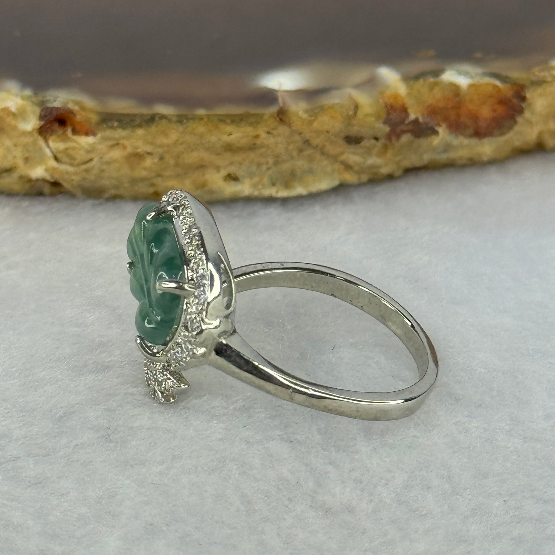 Type A Icy Blueish Jadeite Leaf with Crystals in S925 Sliver Ring (Adjustable Size) 2.60g 12.3 by 7.4 by 2.0mm - Huangs Jadeite and Jewelry Pte Ltd