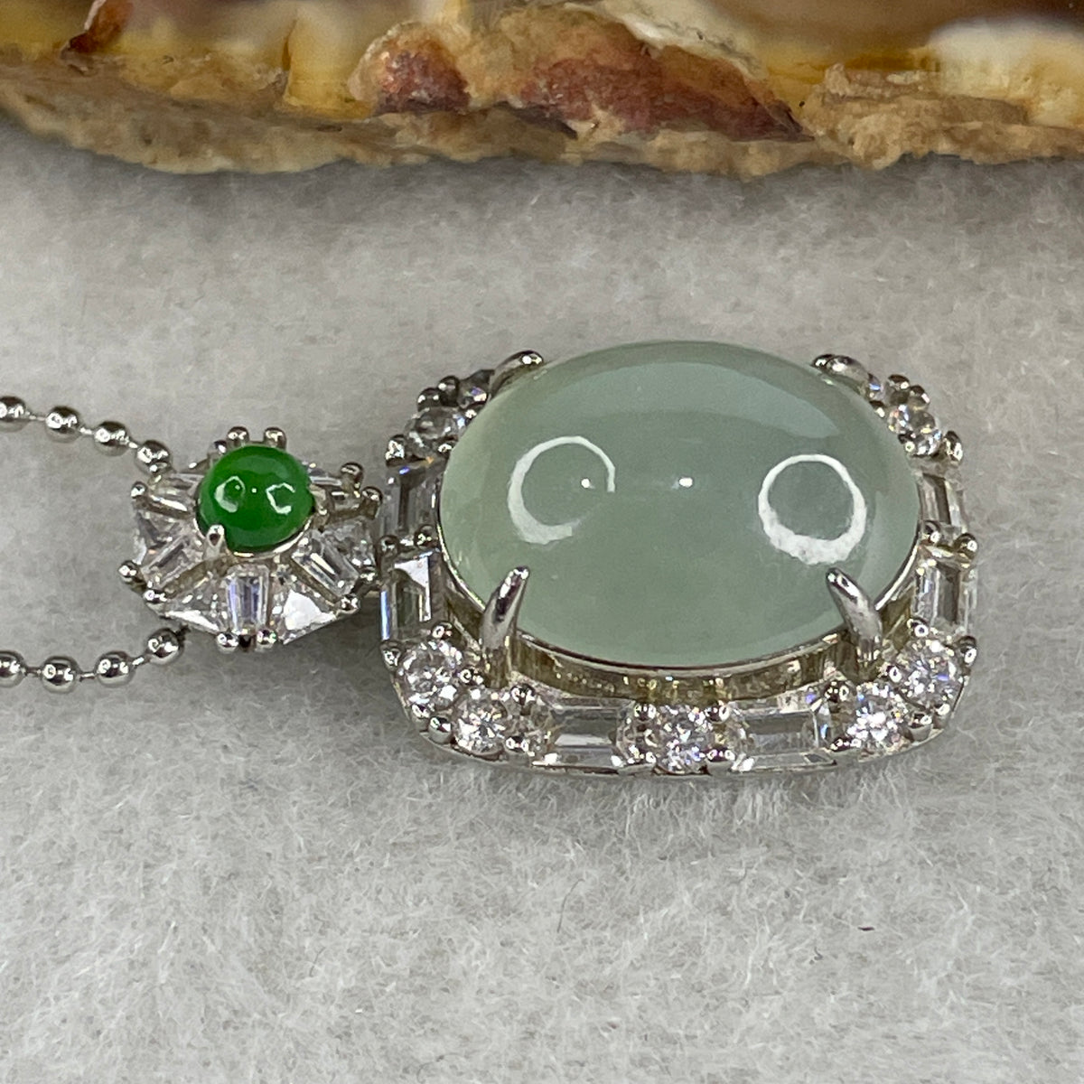 Natural Type A Semi Icy Light Green Jadeite Cabochon Necklace in S925 Silver | (5.80g | 44cm S925 | 13.8 x 11.0 x 5.5mm | Elegance & Abundance Anchor, Feng Shui Prosperity & Executive Charm Necklace) - Huangs Jadeite and Jewelry Pte Ltd