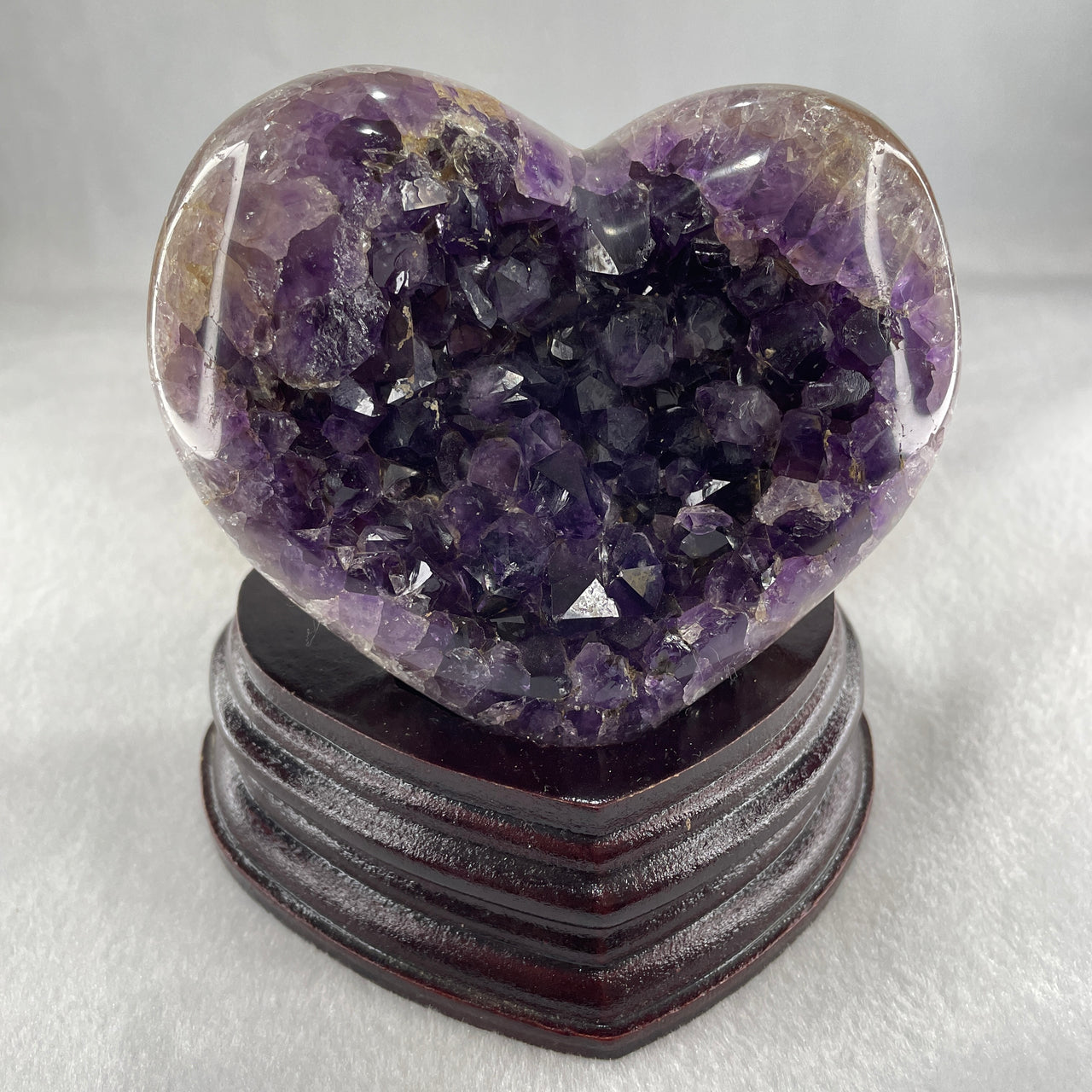Natural Amethyst Heart Shape with Wooden Stand Display 784.3g 114.4 by 95.0 by 116.5mm - Huangs Jadeite and Jewelry Pte Ltd