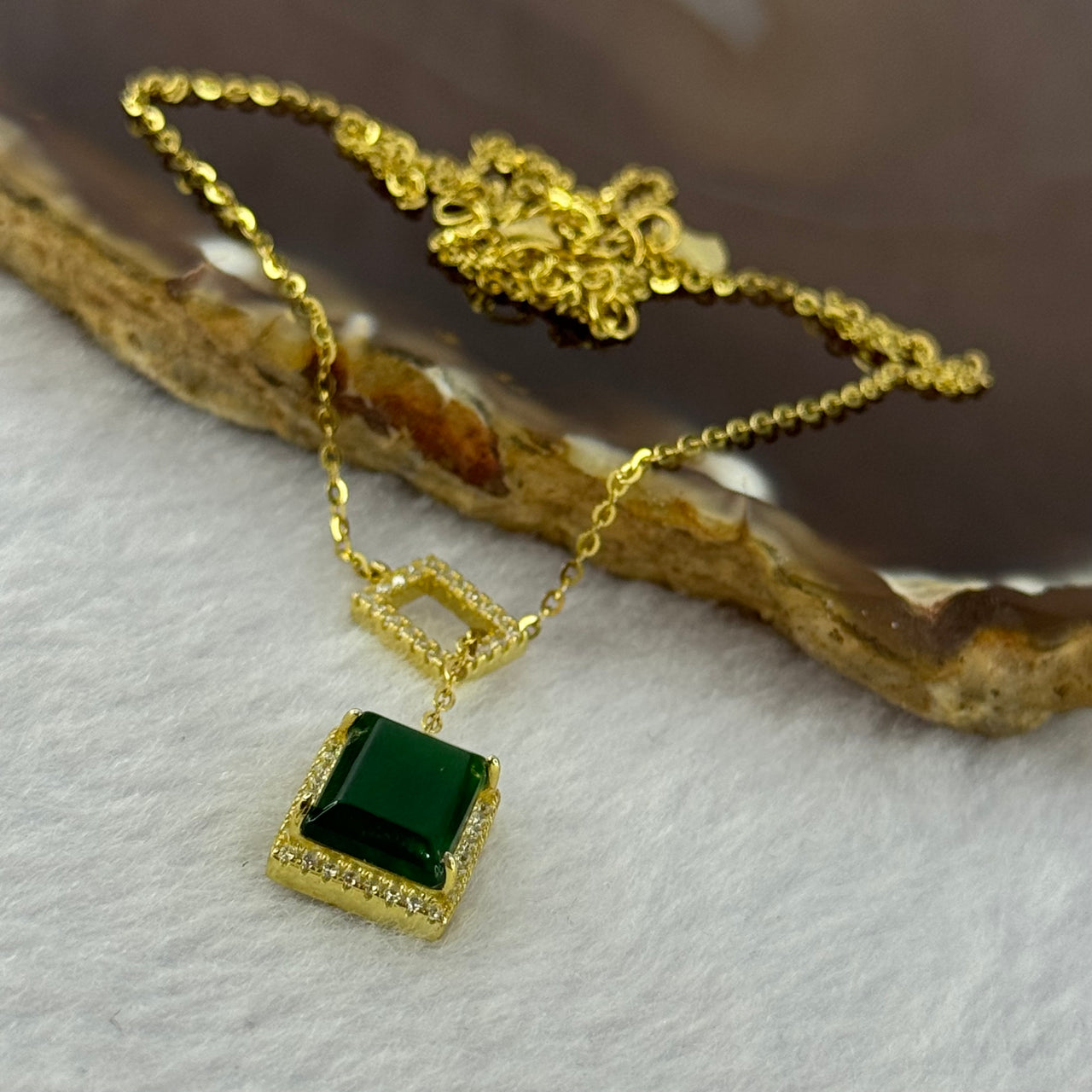 Type A Icy Green Jadeite Mini Wu Shi Pai 10.7 by 7.7 by 2.0mm with Crystals in S925 Sliver Gold Color Necklace 3.76g - Huangs Jadeite and Jewelry Pte Ltd