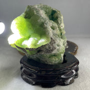 Natural Green Fluorite Rough Irregular Shape Display with Wooden Stand 1.017,9g 107.0 by 86.0 by 135.0mm - Huangs Jadeite and Jewelry Pte Ltd