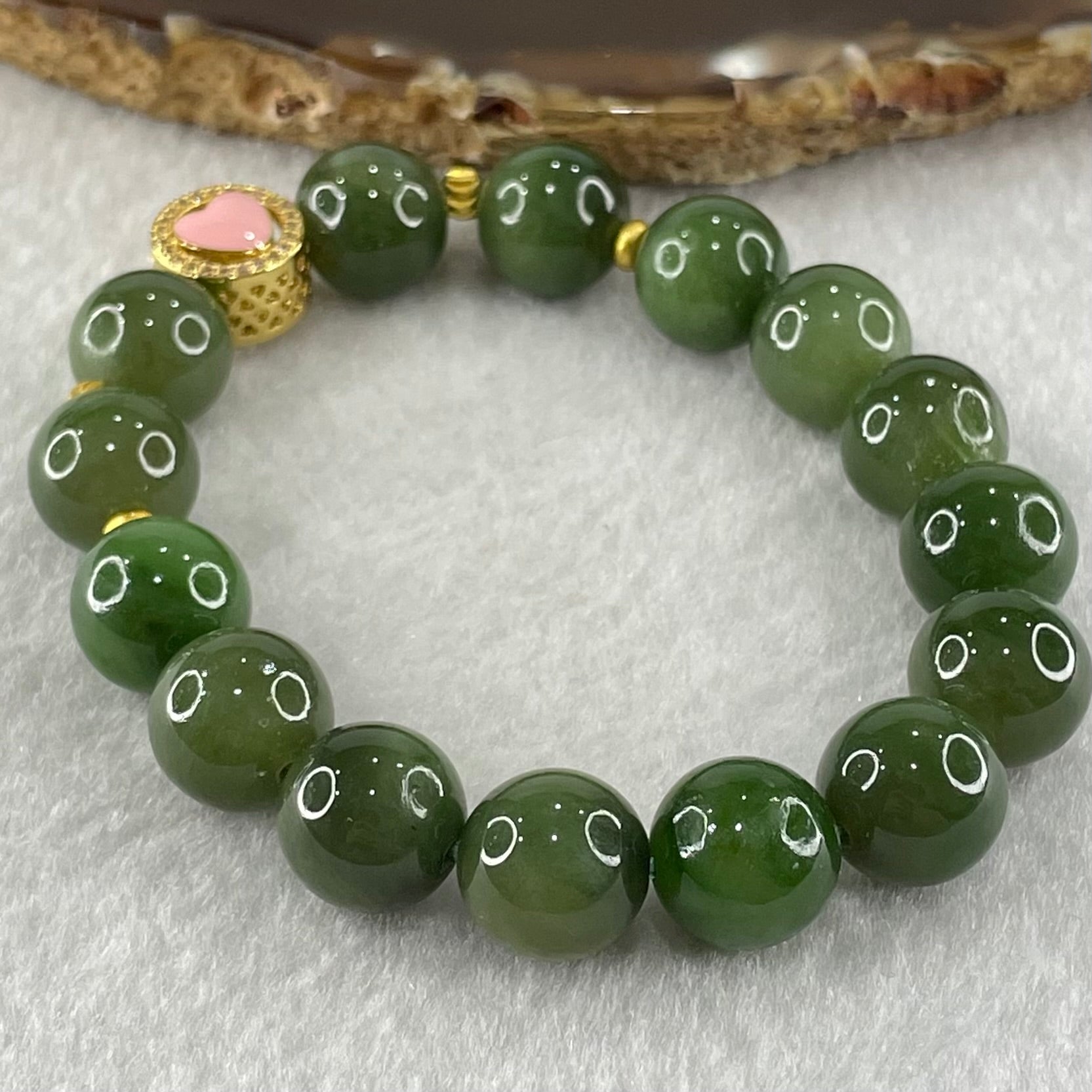 Natural Green Nephrite Beads with Gold Color Charm Bracelet 36.94g 11.4mm 15 Beads - Huangs Jadeite and Jewelry Pte Ltd