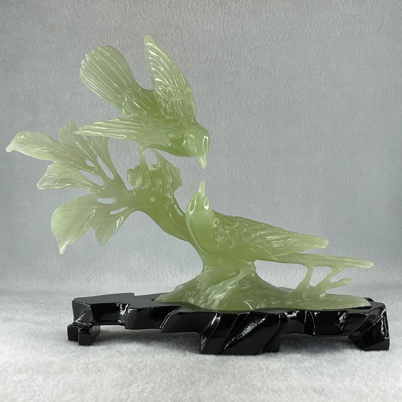 Natural Green Serpentine Twin Magpie Birds on Tree with Wooden Stand Display 453.4g 230.0 by 196.0 by 79.0mm - Huangs Jadeite and Jewelry Pte Ltd