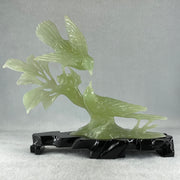 Natural Green Serpentine Twin Magpie Birds on Tree with Wooden Stand Display 453.4g 230.0 by 196.0 by 79.0mm - Huangs Jadeite and Jewelry Pte Ltd