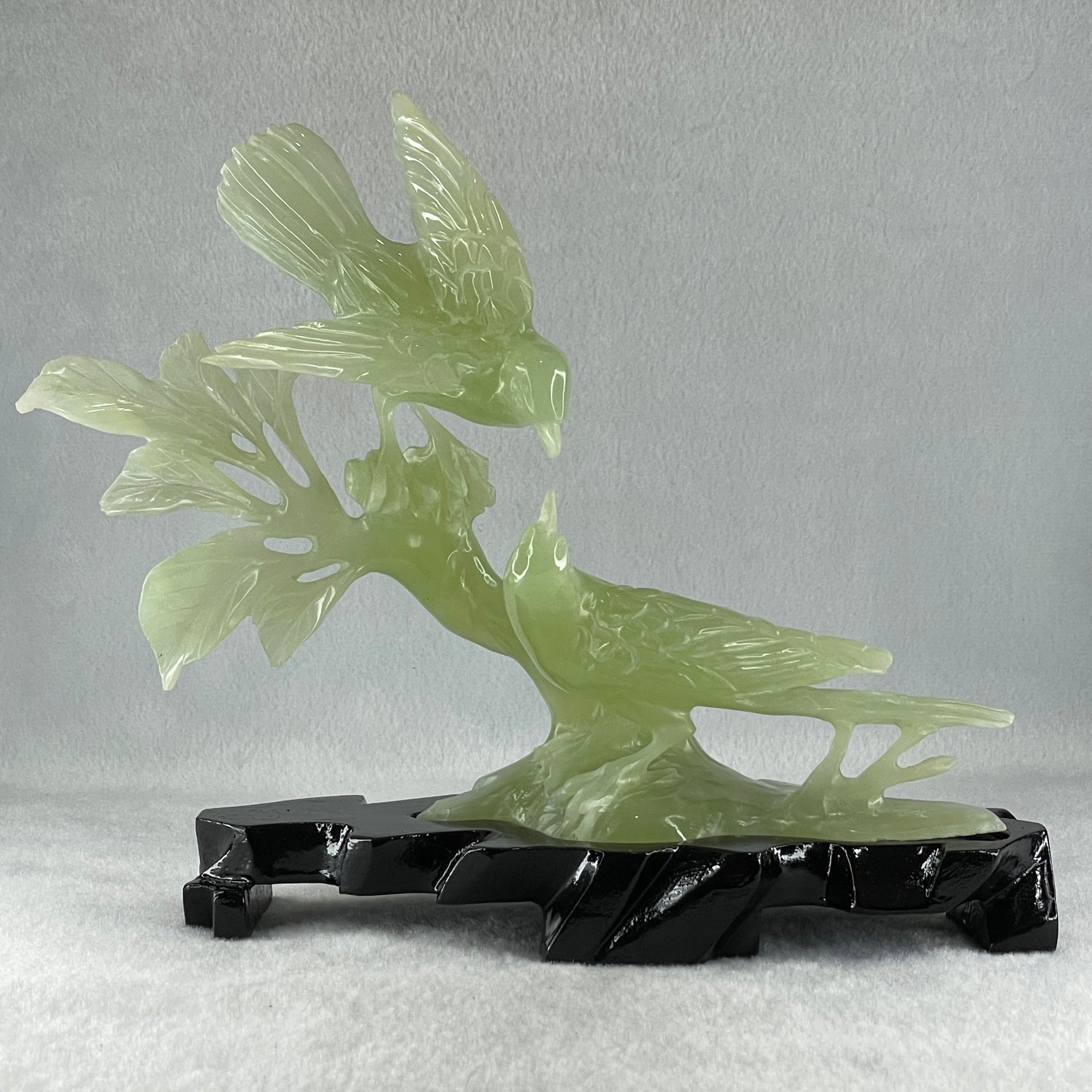 Natural Green Serpentine Twin Magpie Birds on Tree with Wooden Stand Display 453.4g 230.0 by 196.0 by 79.0mm - Huangs Jadeite and Jewelry Pte Ltd