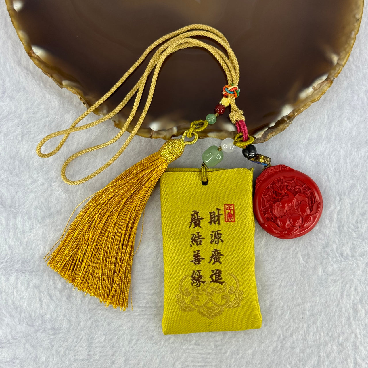 Natural Red Cinnabar Deer on Lotus Flower Pendent with Lucky Charm Bag for Good Wealth and Good Relationship 34.20g 33.2 by 30.9 by 7.5mm - Huangs Jadeite and Jewelry Pte Ltd