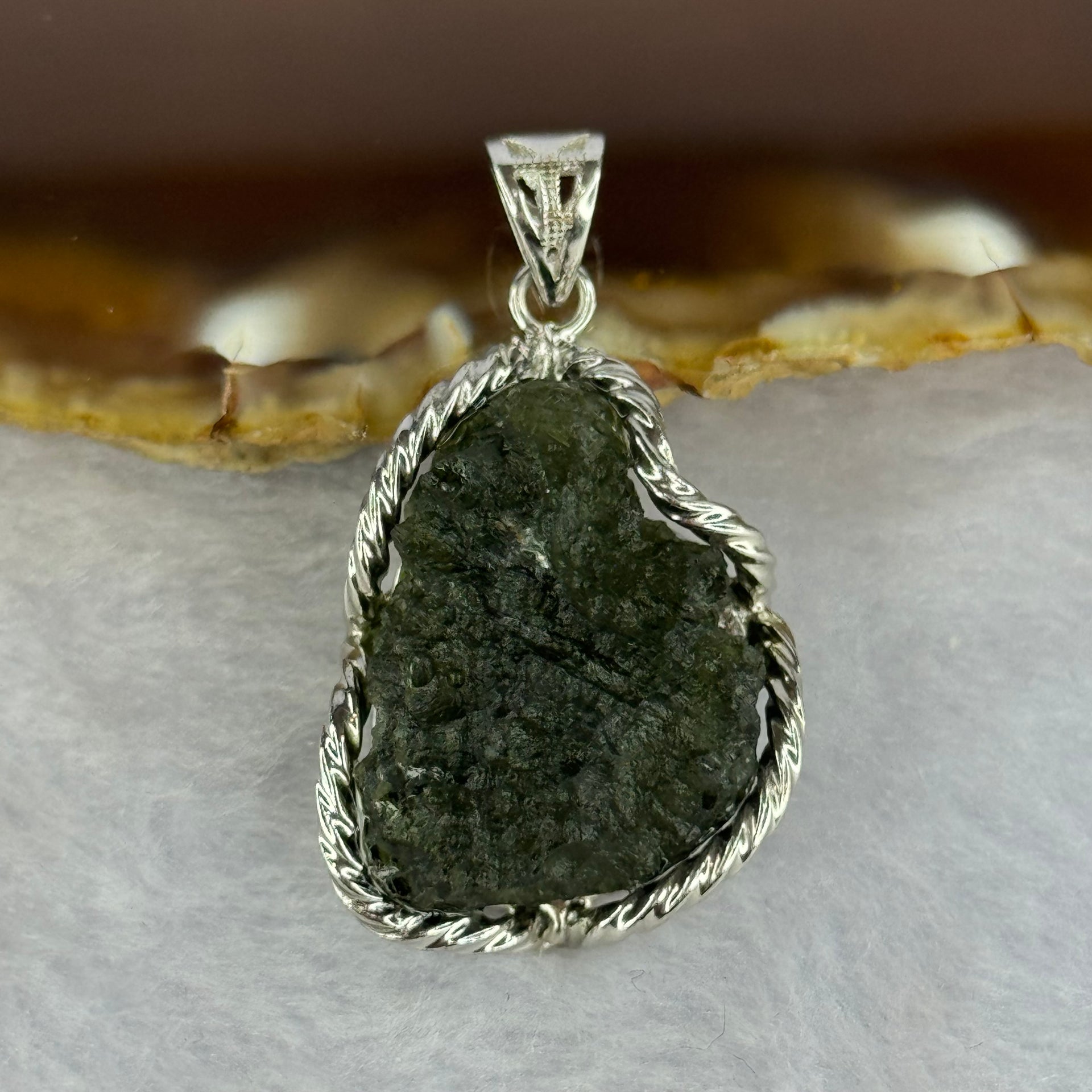 Natural Czech Republic Moldavite Meteorite Crystal in S925 Sliver Pendent 天然捷克陨石925银牌 7.85g 22.3 by 17.6 by 8.9mm - Huangs Jadeite and Jewelry Pte Ltd