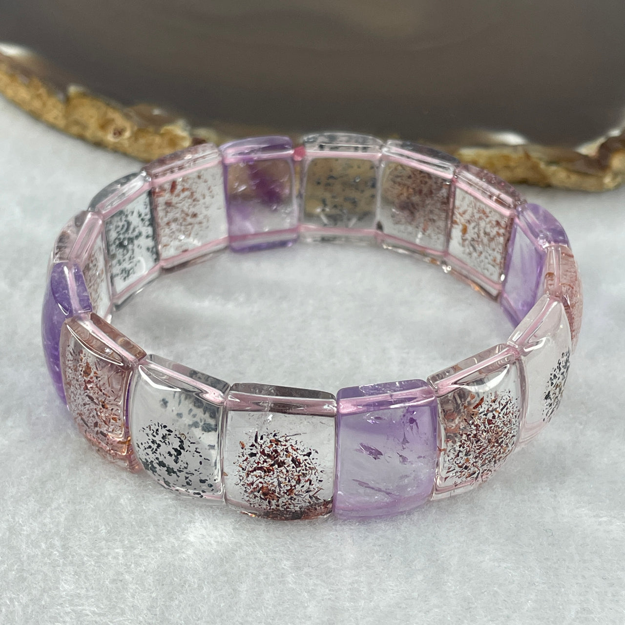 Certified Good Grade Natural Super 7 Crystal Shou Pai Bracelet | 18.2mm Sacred 7-Mineral Synergy Power (47.692g | 17cm Wrist Sizing | 16 Pcs)