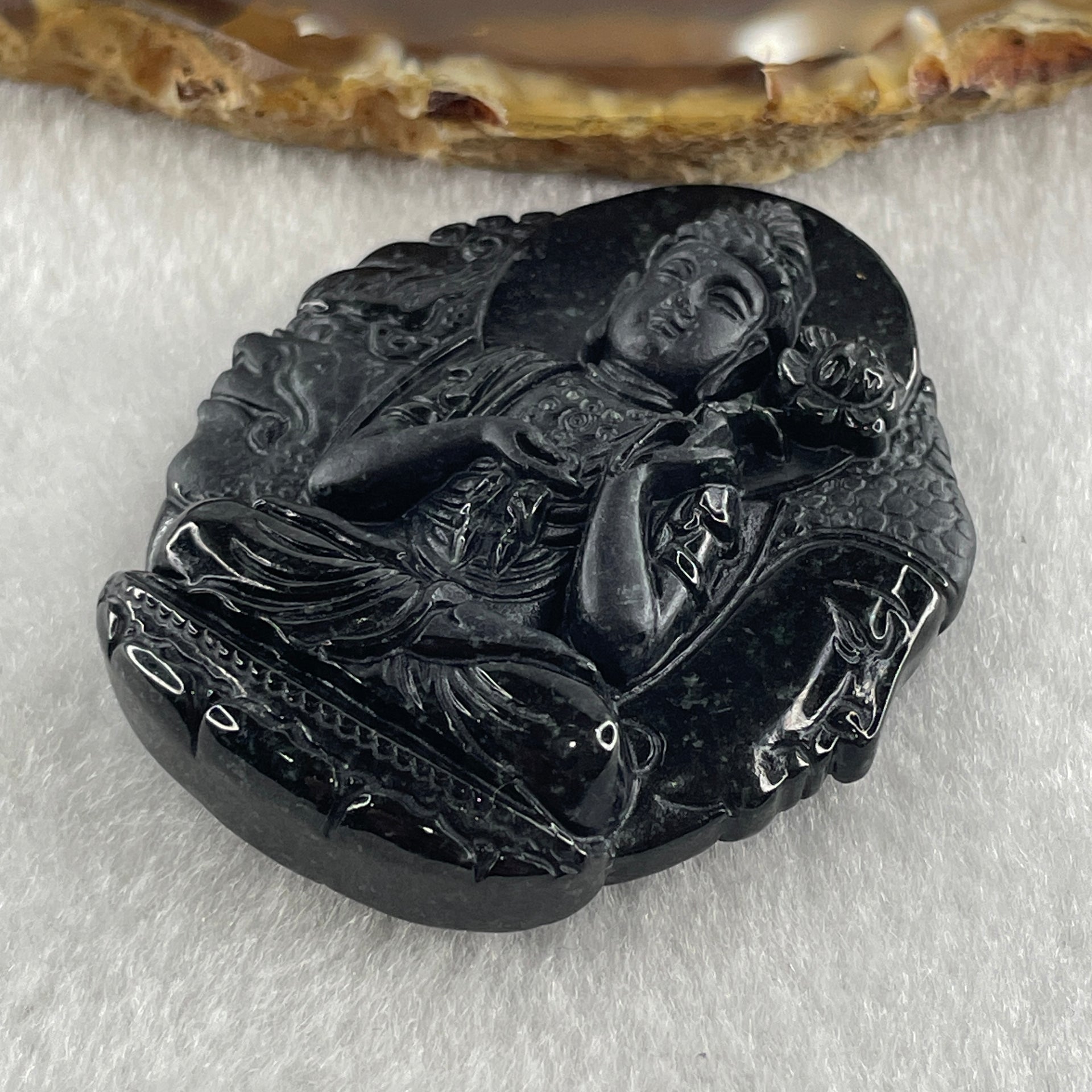 Type A Opaque Black Omphacite Jadeite Good Vs Evil Mahasthamaprapta Bodhisattva Pendant Horse Zodiac Guardian 41.32g 50.8 by 43.8 by 11.8mm - Huangs Jadeite and Jewelry Pte Ltd