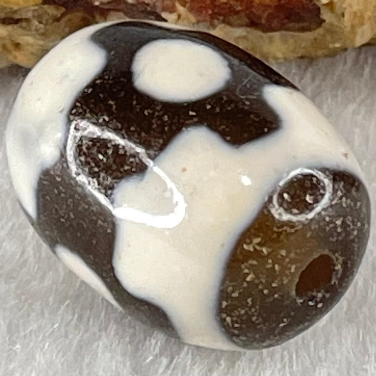 Natural Powerful Tibetan Old Oily Dark Brown With White Agate 3 Eyes Dzi Bead Heavenly Master (Tian Zhu) 三眼天诛 4.41g 17.4 by 12.8mm - Huangs Jadeite and Jewelry Pte Ltd