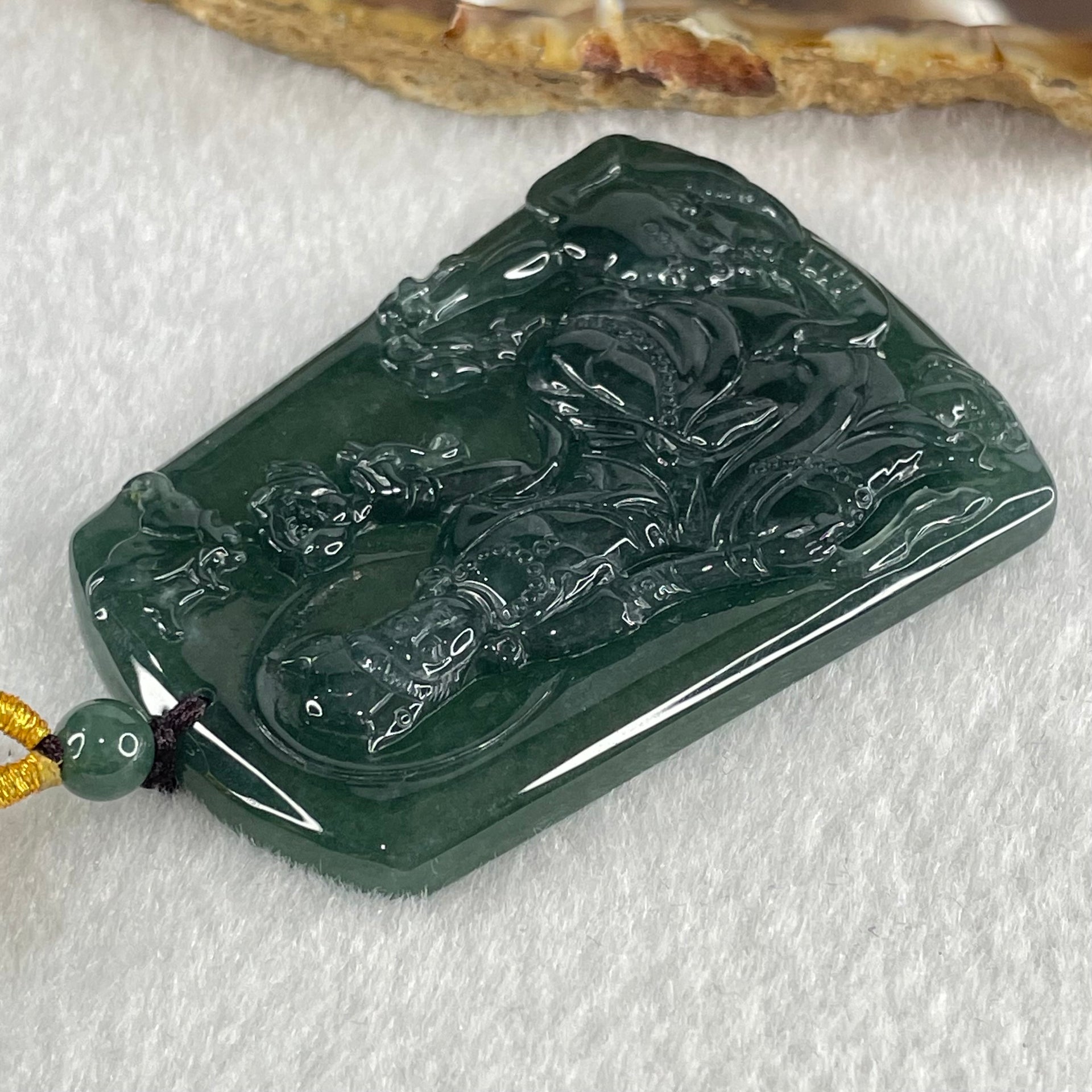 Grand Master Type A Icy Dark Blueish Green Samantabhadra Bodhisattva Guan Yin on Elephant and Flower Pendant 61.87g 57 by 41.6 by 5.6mm - Huangs Jadeite and Jewelry Pte Ltd