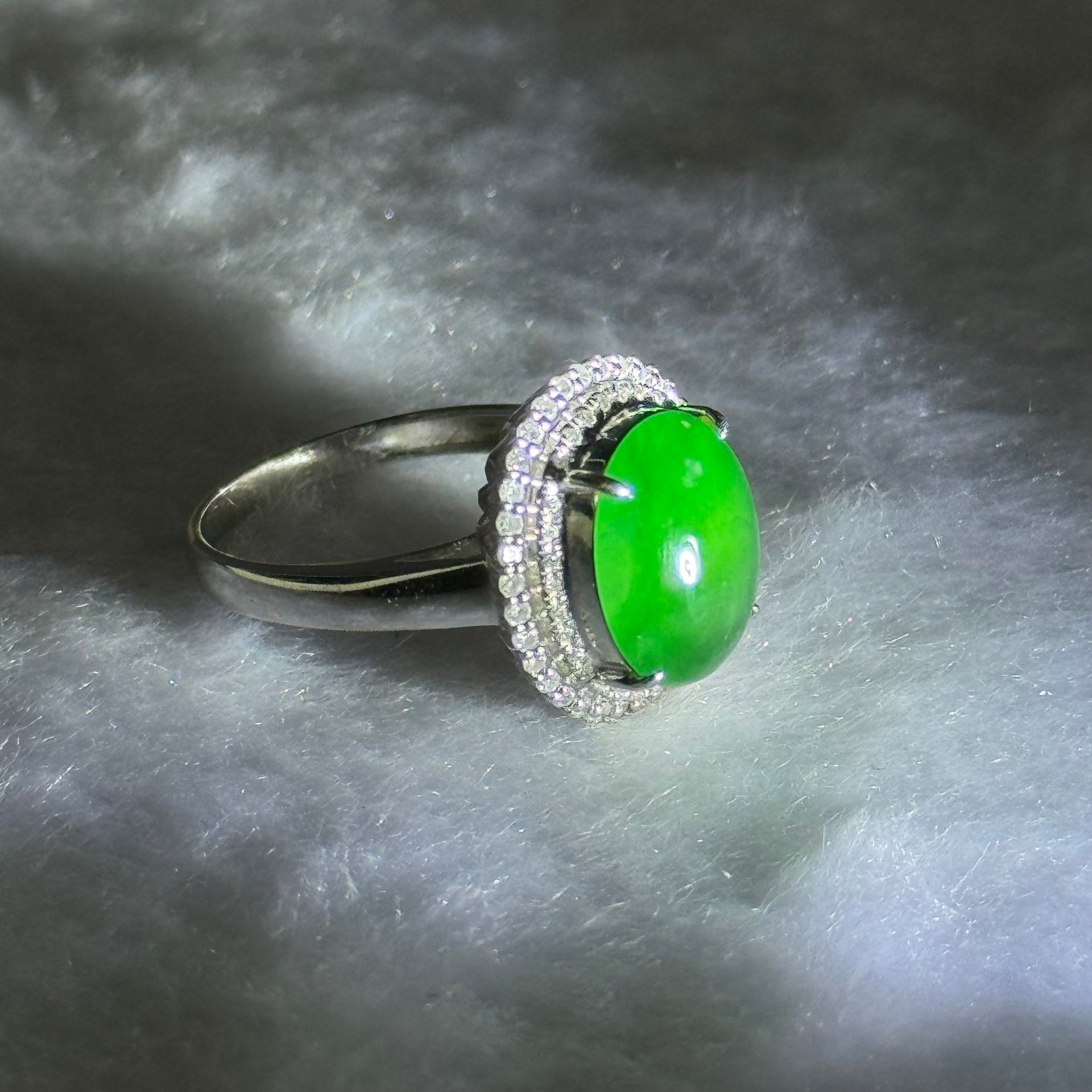 Type A Green Jadeite with Diamonds in 18K White Gold 3.60g 11.5 by 9.3 by 4.2mm - Huangs Jadeite and Jewelry Pte Ltd