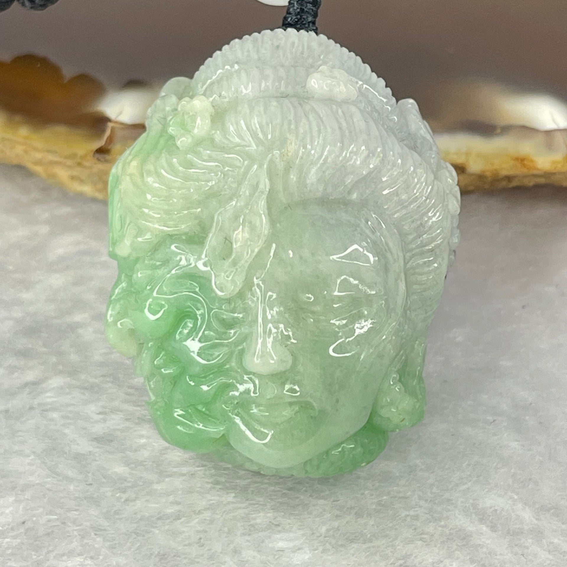 Type A Green with Wuji Grey Jadeite Good vs Evil Pendent 30.72g 31.6 by 24.7 by 23.6mm - Huangs Jadeite and Jewelry Pte Ltd
