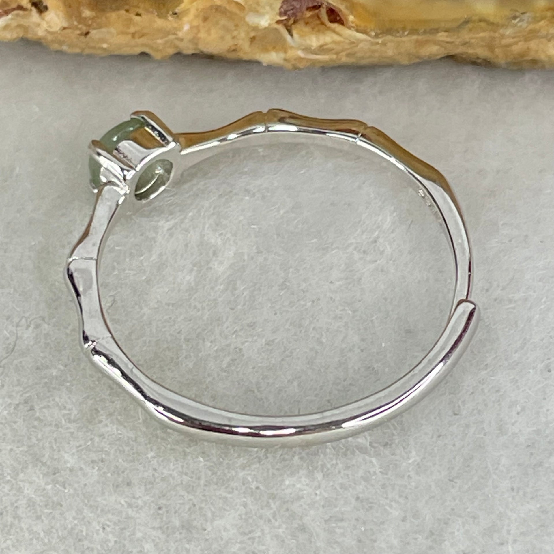 Type A Semi Icy Green Cabochon Jadeite in S925 Sliver Bamboo Ring (Adjustable Size) 0.96g 4.0 by 2.0mm - Huangs Jadeite and Jewelry Pte Ltd