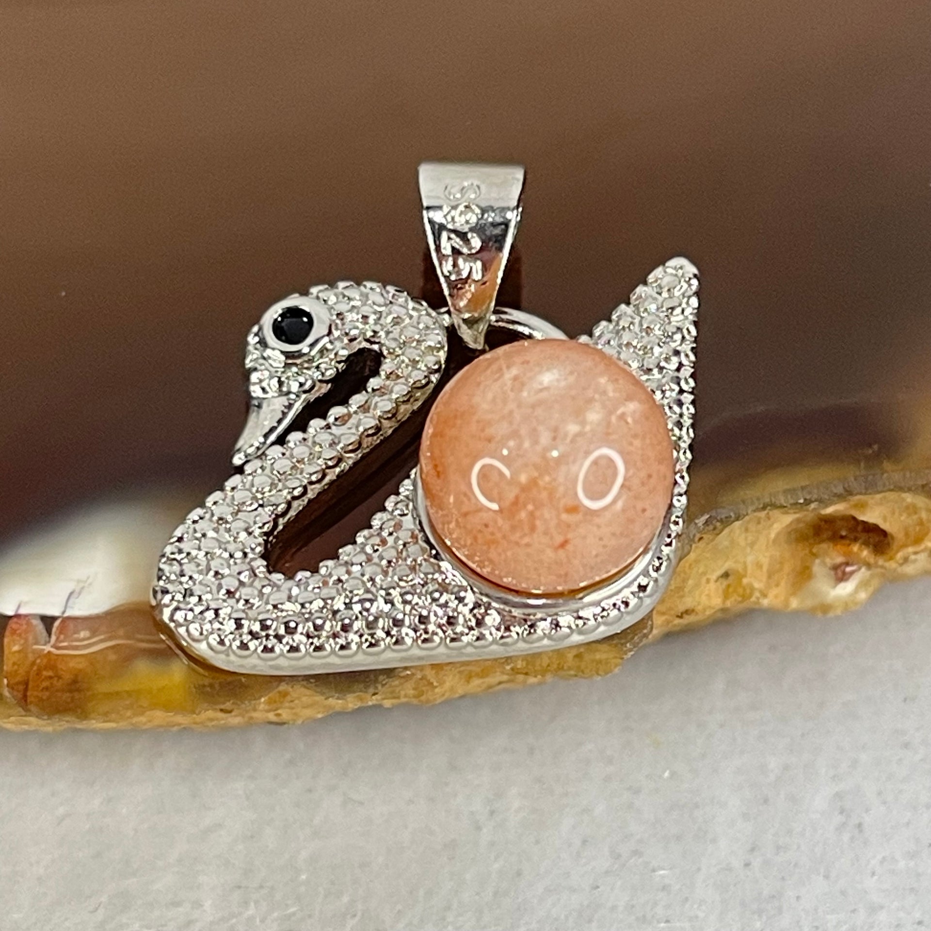 Natural Sunstone Bead with Crystals in S925 Sliver Swan Charm 3.27g 7.7mm - Huangs Jadeite and Jewelry Pte Ltd