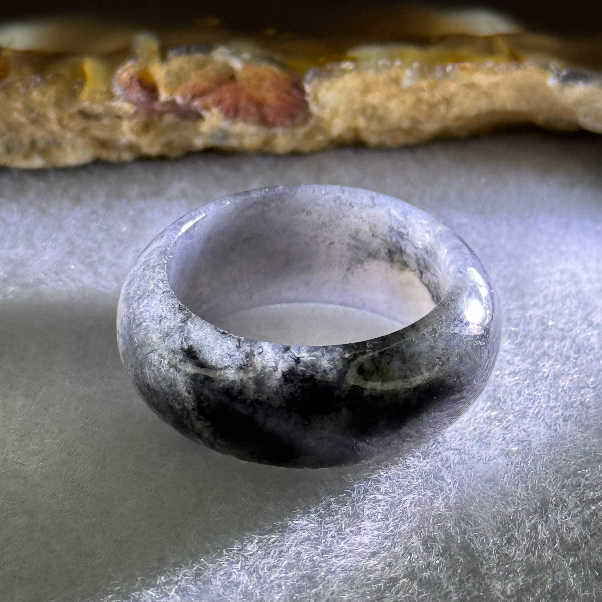 Type A Semi Icy Wuji Grey Black with Lavender Jadeite Thick Ring 5.10g 9.2 by 3.6mm US7.7 HK 17 (Slight Internal Lines) - Huangs Jadeite and Jewelry Pte Ltd