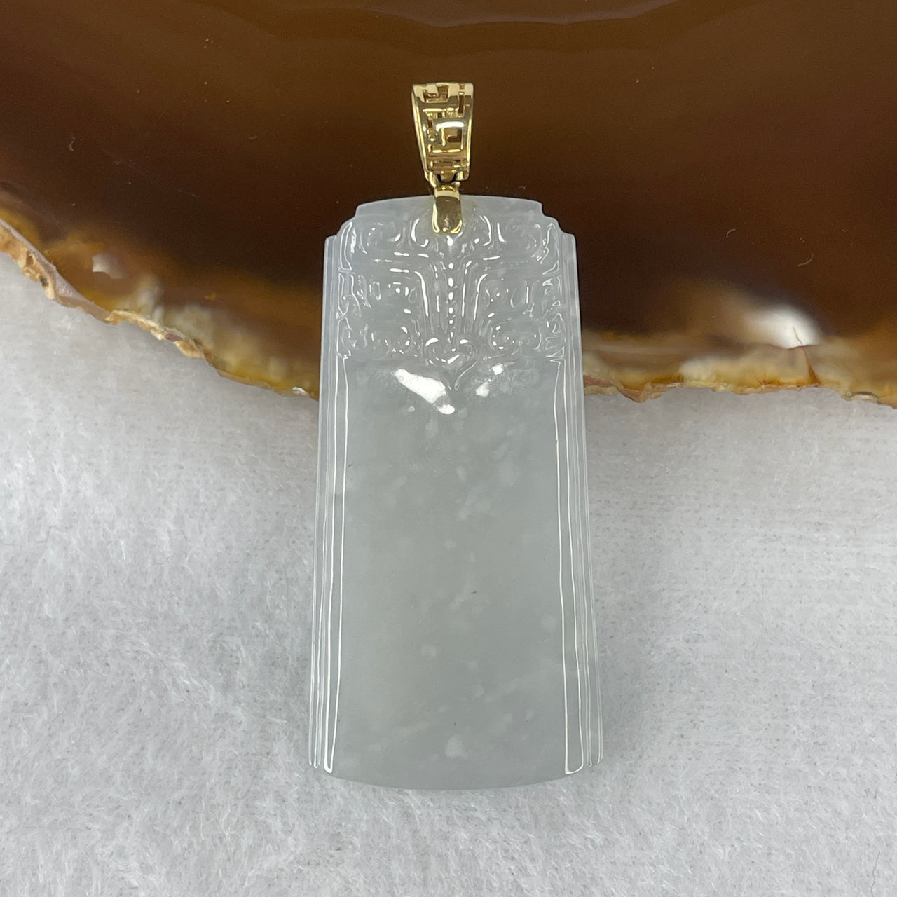 Natural Type A Semi-Icy Faint Lavender to Colorless Jadeite Wu Shi Pai Pendant | Guarded Mythological Mystical Beast Relief | Solid 18K Yellow Gold Clasp | "Sovereign Peace" Shielding Plaque (15.69g 48.4x24.1x4.8mm)