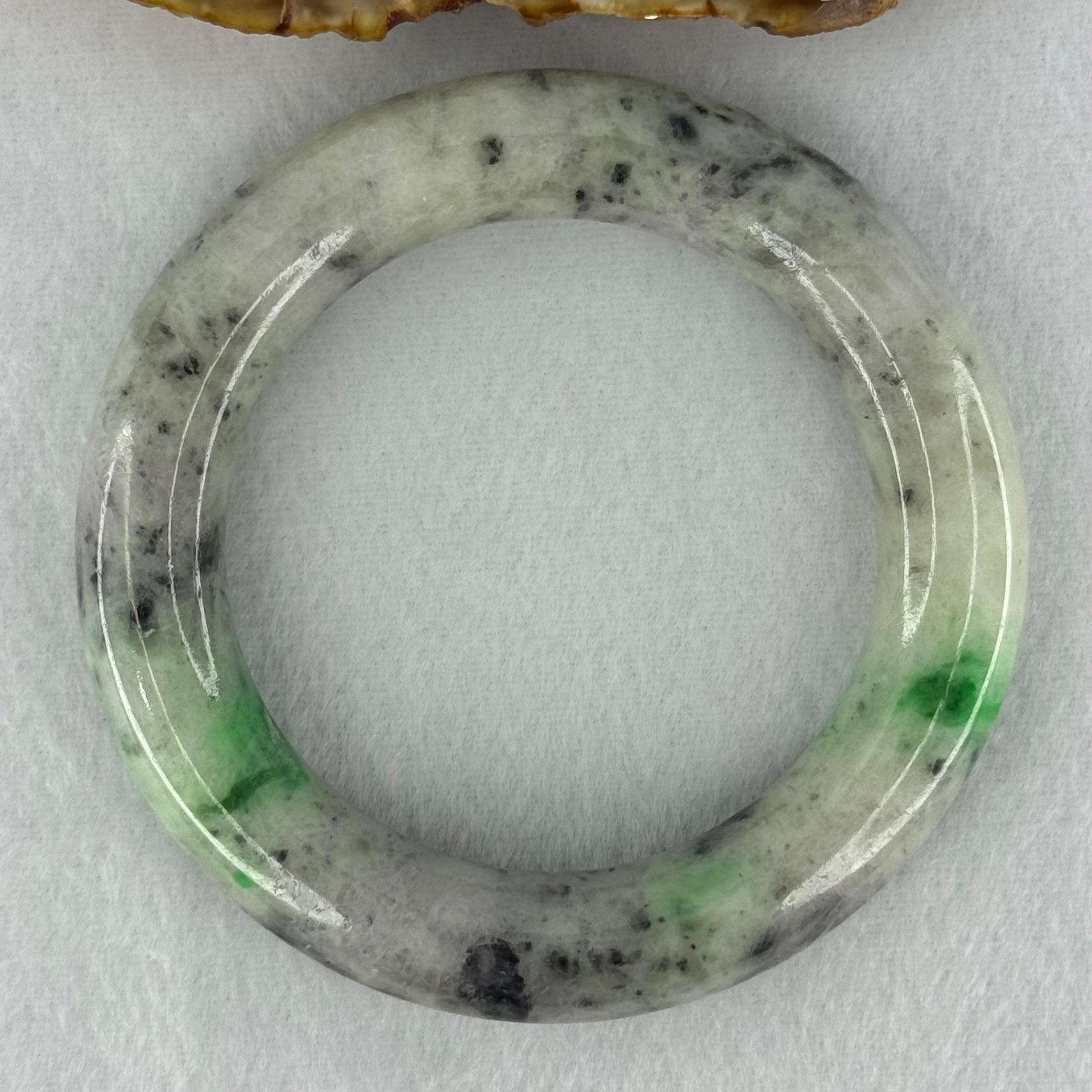 Type A Light Green with Emerald Green and Grey Patches Jadeite Bangle Internal Diameter 55.8mm 93.21g 13.4 by 13.1mm (Very Slight External Rough with Slight Internal Lines) - Huangs Jadeite and Jewelry Pte Ltd