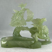 Natural Green Serpentine Double Victory Horses with Twin Birds on Treen and Pond with Wooden Stand Display 1,275.3g 240.0 by 210.0 by 160.0mm - Huangs Jadeite and Jewelry Pte Ltd