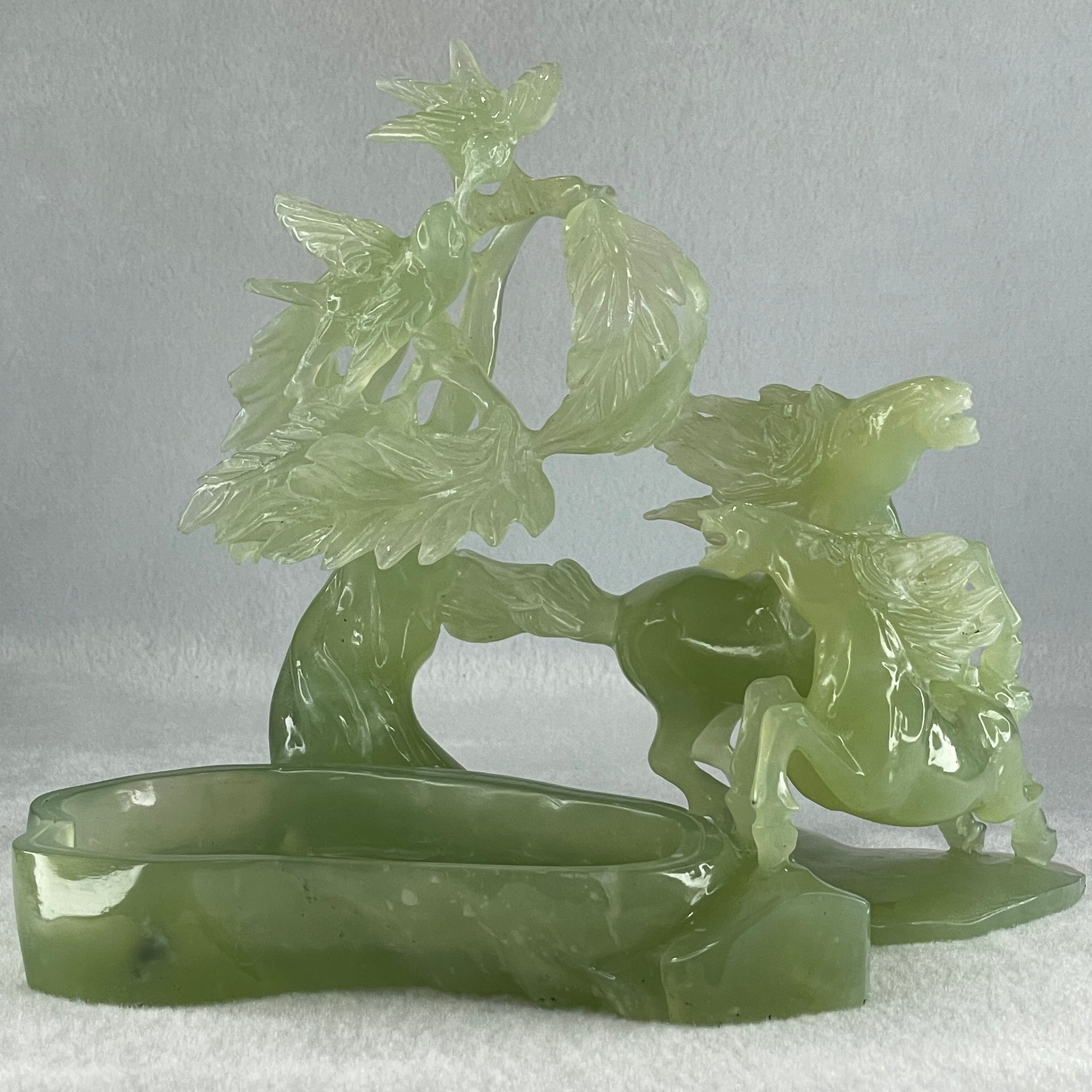Natural Green Serpentine Double Victory Horses with Twin Birds on Treen and Pond with Wooden Stand Display 1,275.3g 240.0 by 210.0 by 160.0mm - Huangs Jadeite and Jewelry Pte Ltd