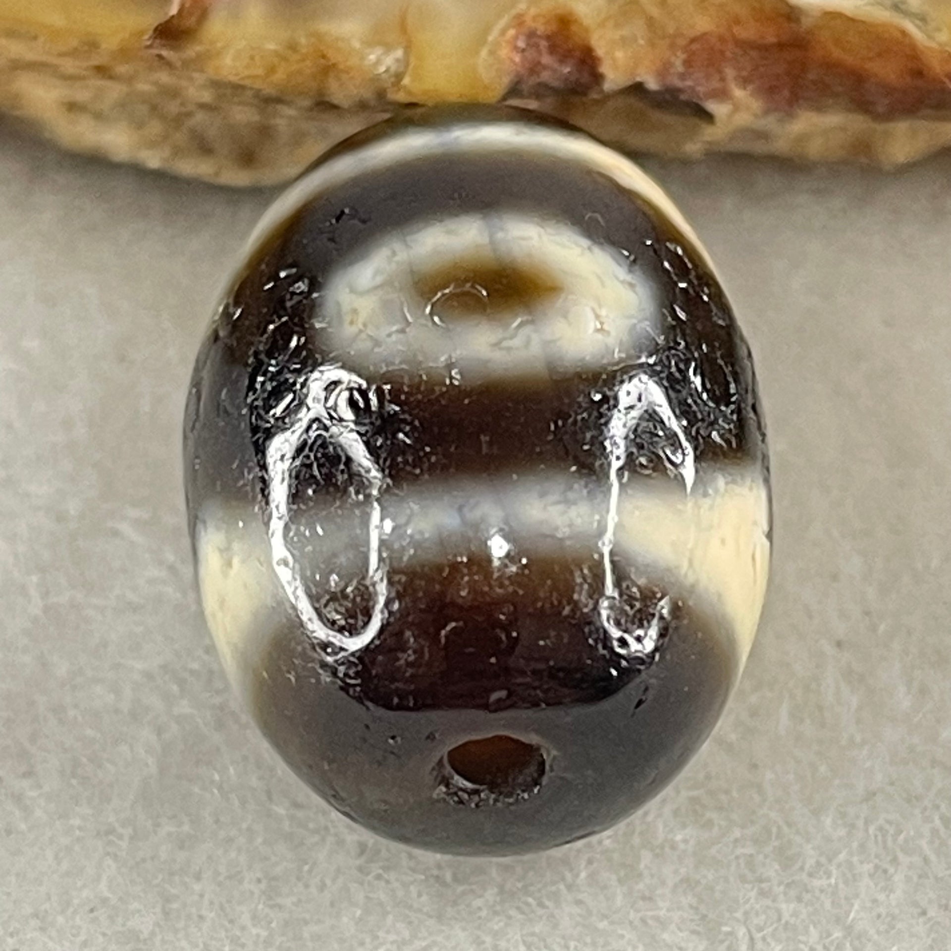 Natural Powerful Tibetan Old Oily Agate 3 Eyes Dzi Bead Heavenly Master (Tian Zhu) 三眼天诛 6.20g 20.3 by 14.7mm - Huangs Jadeite and Jewelry Pte Ltd