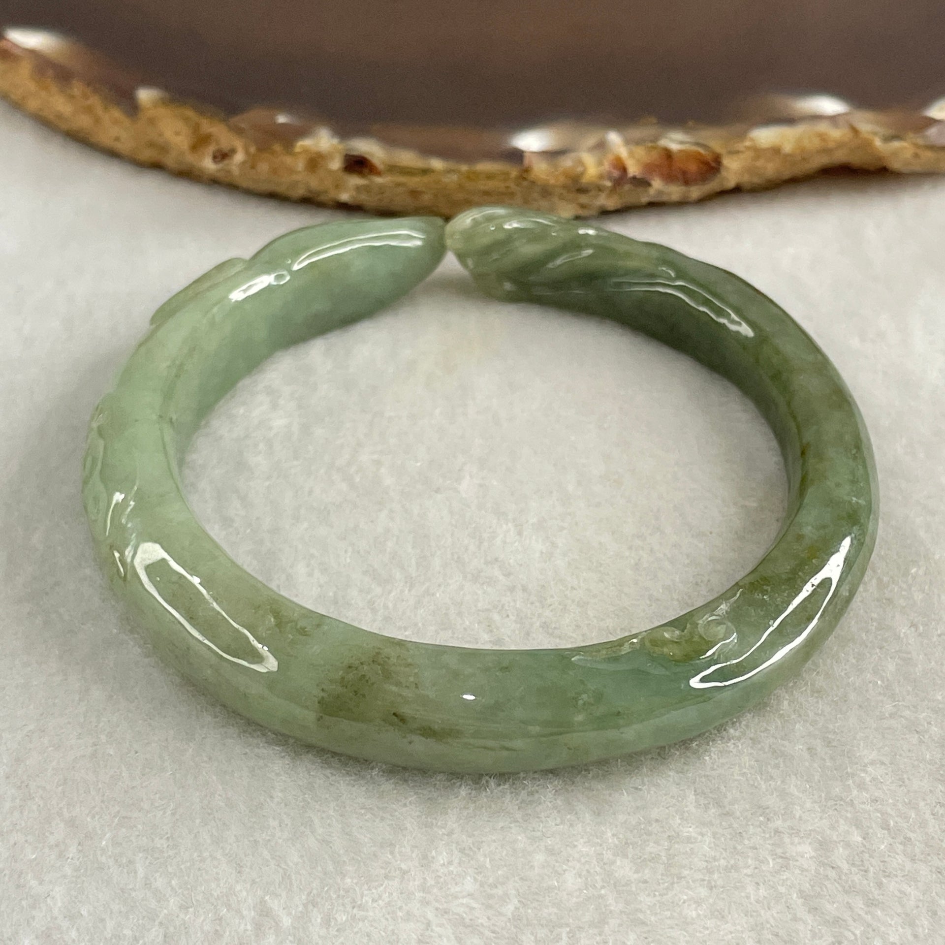 Type A Green with Dark Green Piao Hua Jadeite 9 Tail Fox Bangle Internal Diameter 55.6mm 41.22g 12.5 by 8.4mm (Internal Lines) - Huangs Jadeite and Jewelry Pte Ltd