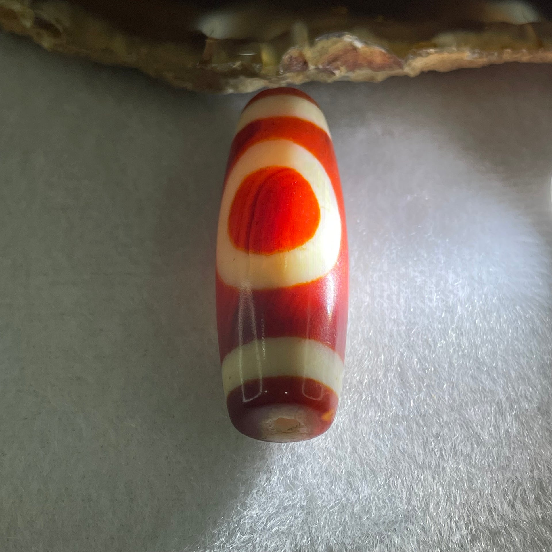 Natural Powerful Tibetan Old Oily Red White Agate One Eye Fire Sign Dzi Bead Heavenly Master (Tian Zhu) 一眼火天珠 10.31g 37.7 by 13.3mm - Huangs Jadeite and Jewelry Pte Ltd