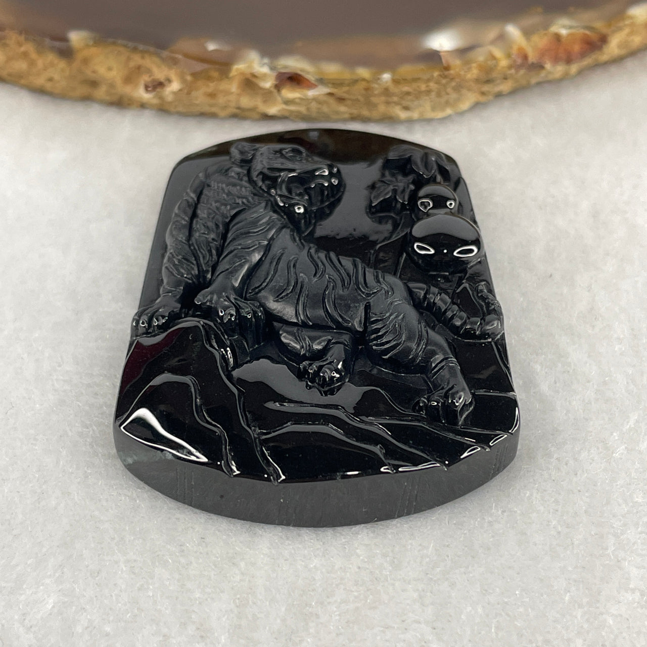 Certified Type A Opaque Black Omphacite Jadeite Up-Mountain Tiger with Hulu Pendant | Ascending Power, Health & Protection Talisman (25.62g | 53.6 x 38.0 x 9.2mm)