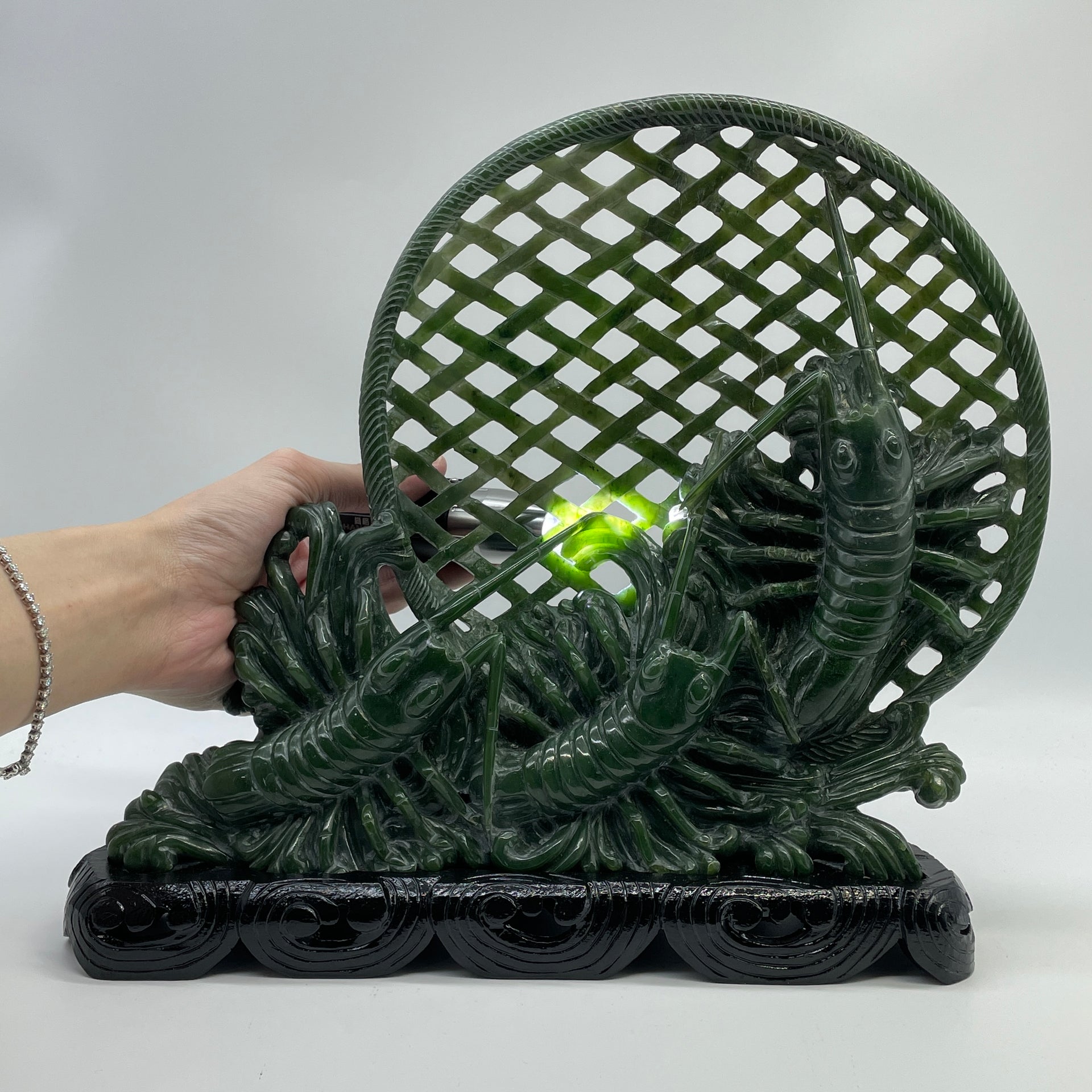 Natural Dark Green Nephrite 3 Prawns in Net with Wooden Display 2,568.0g 280.0 by 95.0 by 270.0mm - Huangs Jadeite and Jewelry Pte Ltd