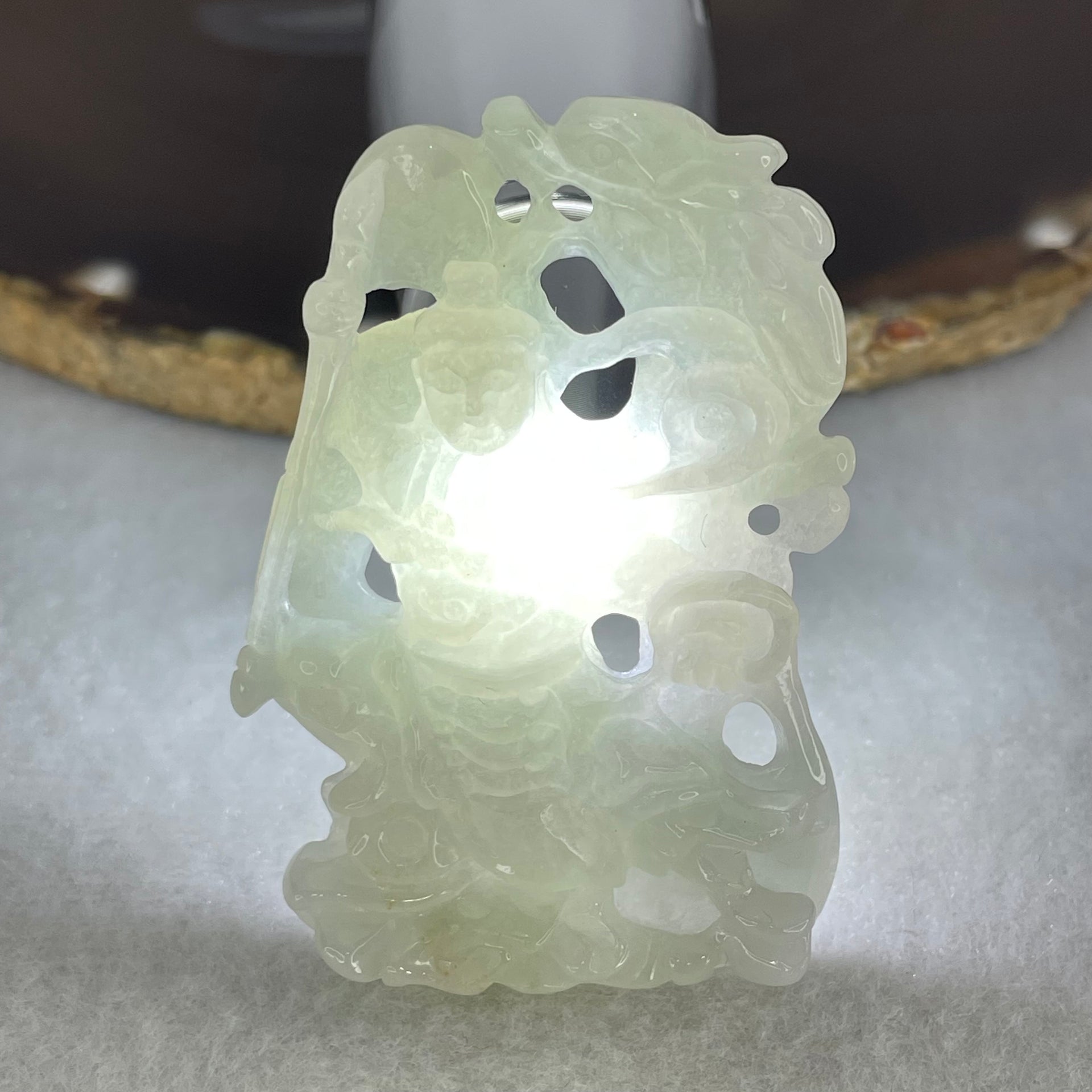 Type A Light Green and Lavender Jadeite Nezha with Dragon Pendant 25.06g 54.8 by 37.4 by 10.5mm - Huangs Jadeite and Jewelry Pte Ltd