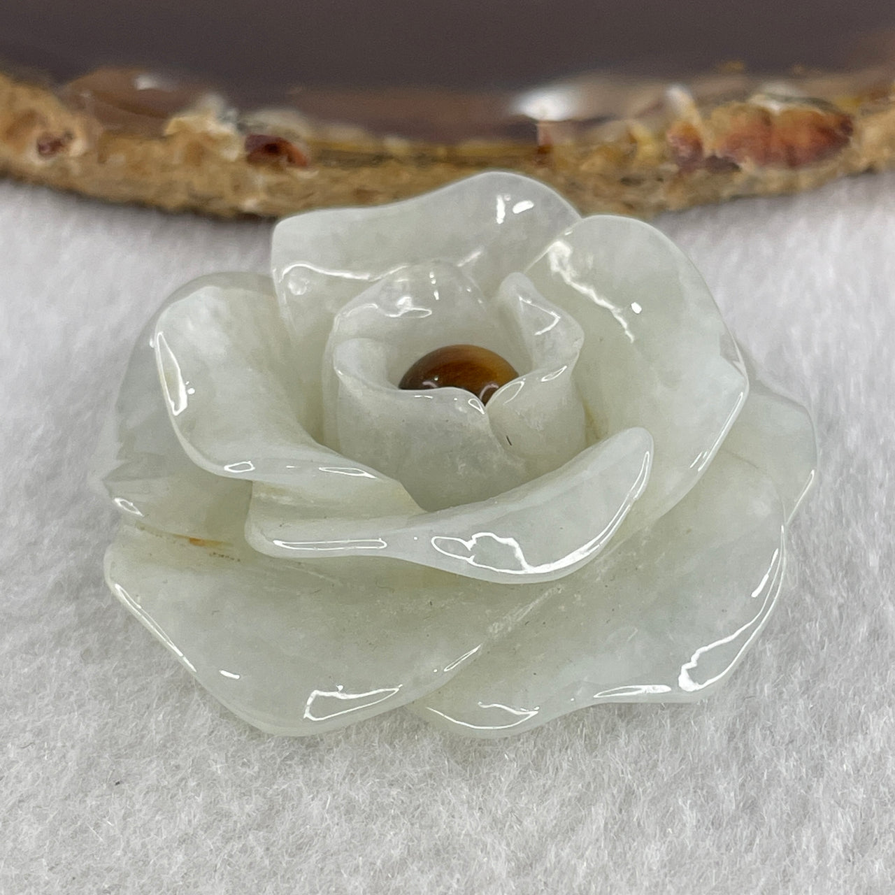 Natural Type A Faint Green to Colorless Jadeite with Tiger Eye Beads Flower Pendant 24.92g 43.6 by 12.2mm - Huangs Jadeite and Jewelry Pte Ltd