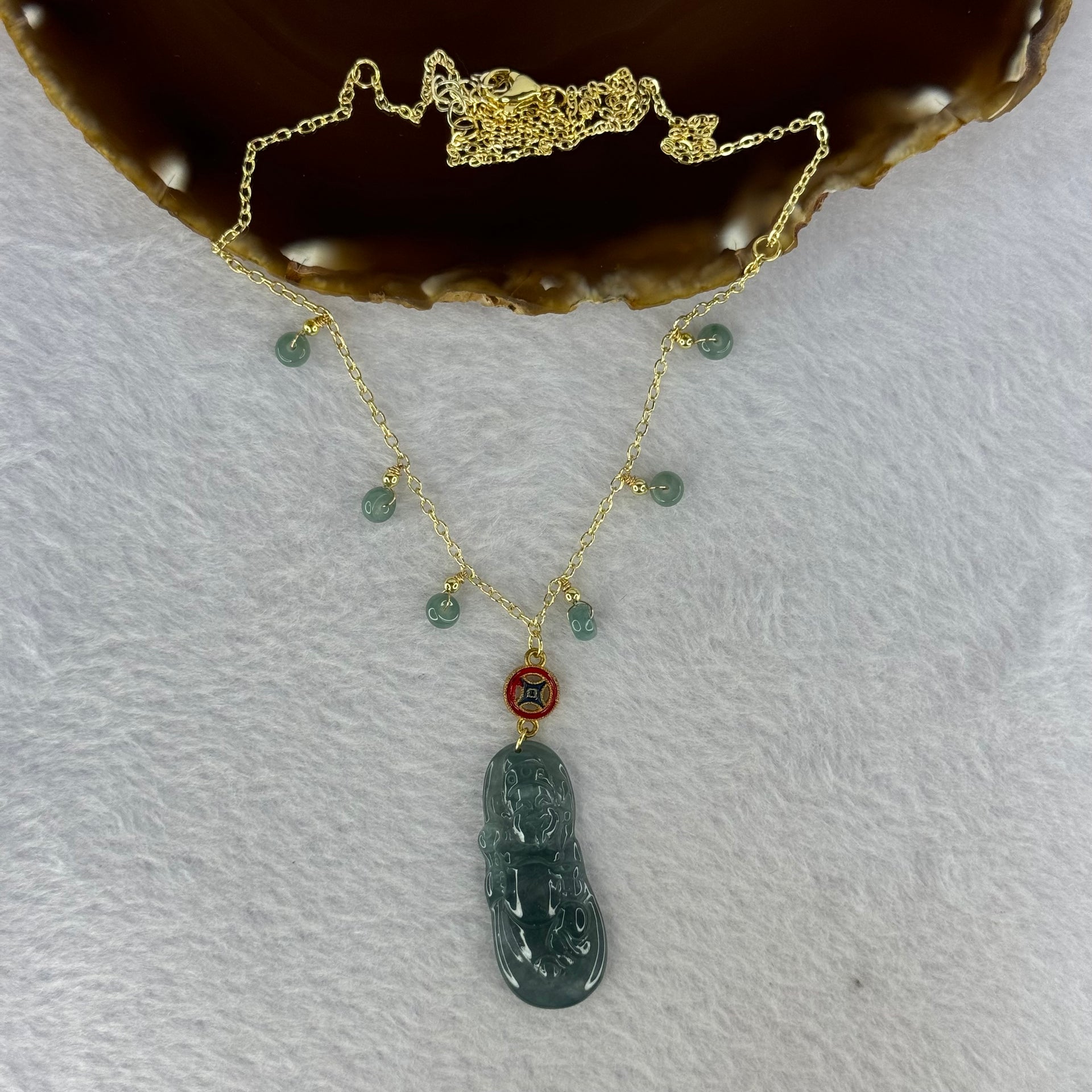 Type A Icy Blueish Green Jadeite God of Fortune Cai Shen Ye Pendent In Gold Color Necklace 8.61g 38.2 by 15.8 by 3.8mm - Huangs Jadeite and Jewelry Pte Ltd