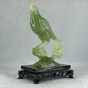 Natural Green Serpentine Javan Mynah Birds on Tree with Wooden Stand Display 418.9g 120.0 by 176.0 by 75.0mm - Huangs Jadeite and Jewelry Pte Ltd