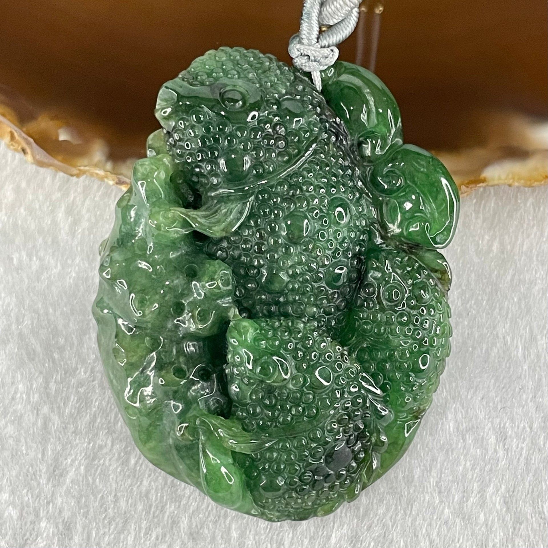 Type A Old Mine Dark Blueish Green Jadeite Double Sided Triple Fish Coin and Ruyi Pendant 41.63g 52.9 by 41.1 by 12.9mm - Huangs Jadeite and Jewelry Pte Ltd