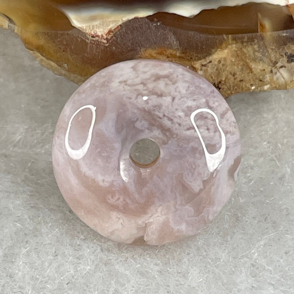 Natural Pinkish Flower Agate Ping An Kou Charm Pendant | Petite Cherry Blossom Quartz Peace Donut Talisman (2.29g | 14.6 x 7.0mm)