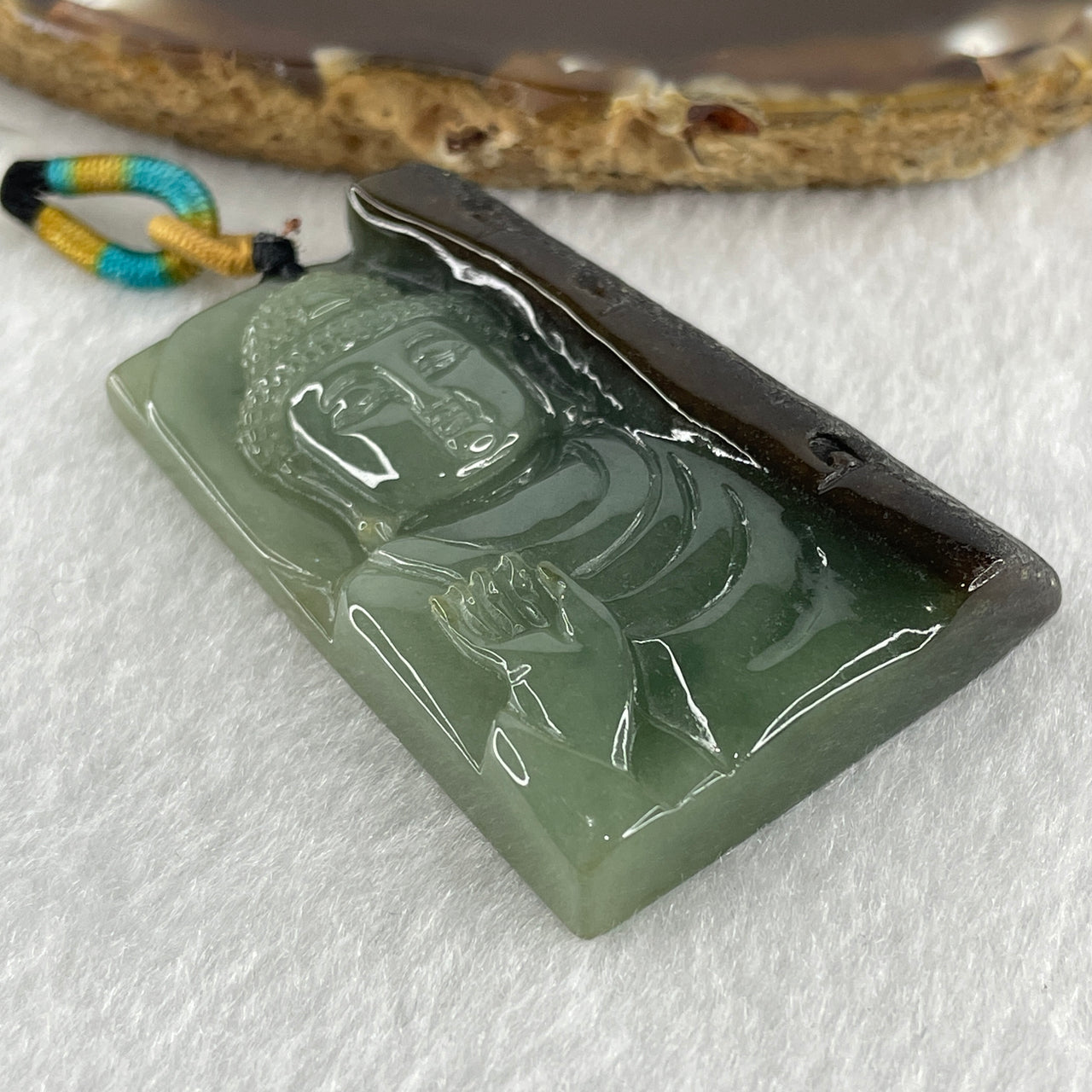 Natural Type A Blueish Green with Brown Jadeite Blessing Buddha Pendant 39.41g 51.4 by 36.1 by 9.2mm