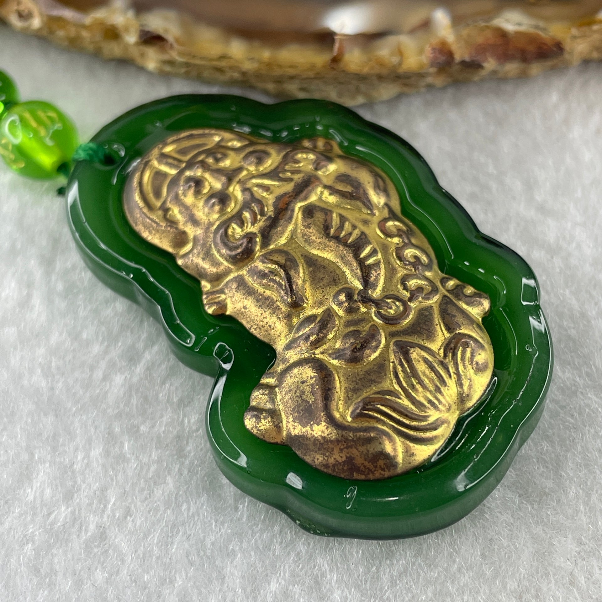 Man Made Brass Pixiu Green Color Beads Necklace 44.42g 64cm 50.3 by 31.6 by 11.5mm - Huangs Jadeite and Jewelry Pte Ltd