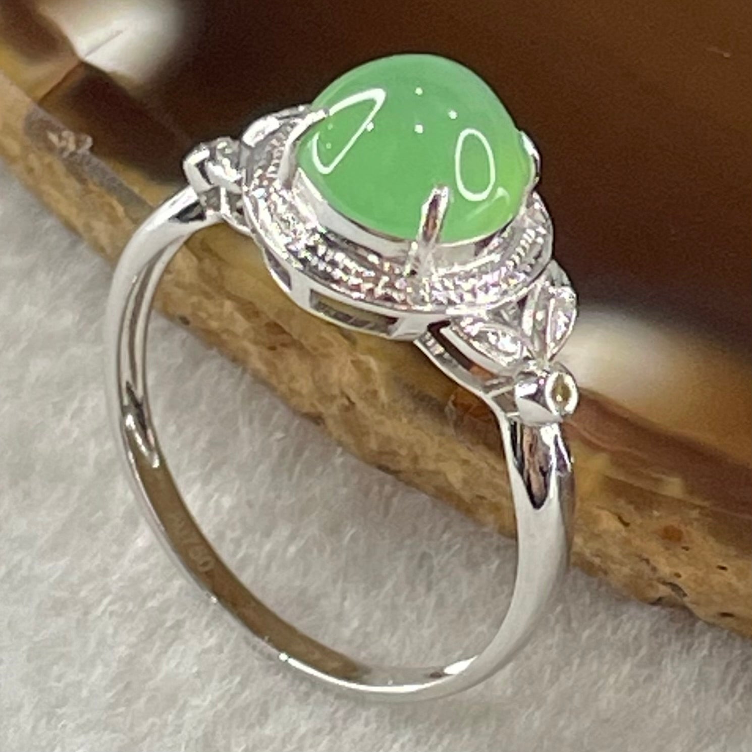 Type A Icy Light Intense Green Jadeite with Diamonds in 18K White Gold Ring 1.91g 7.3 by 4.0mm US6.7 HK14.8 - Huangs Jadeite and Jewelry Pte Ltd