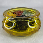 Yellow Liuli Wealth Pot with Five Element Crystal Fragment (Clear Quartz, Black Obsidian, Red Jasper, Citrine, Serpentine) with Wooden Stand Display Total Weight 1,03.48g 118.3 by 62.5mm - Huangs Jadeite and Jewelry Pte Ltd