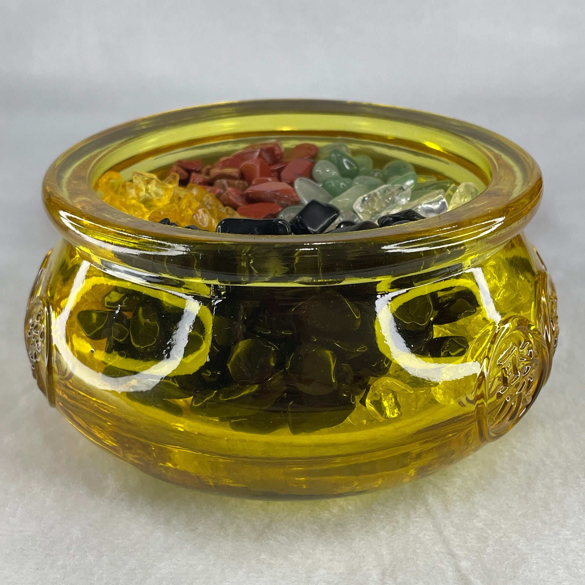 Yellow Liuli Wealth Pot with Five Element Crystal Fragment (Clear Quartz, Black Obsidian, Red Jasper, Citrine, Serpentine) with Wooden Stand Display Total Weight 1,03.48g 118.3 by 62.5mm - Huangs Jadeite and Jewelry Pte Ltd
