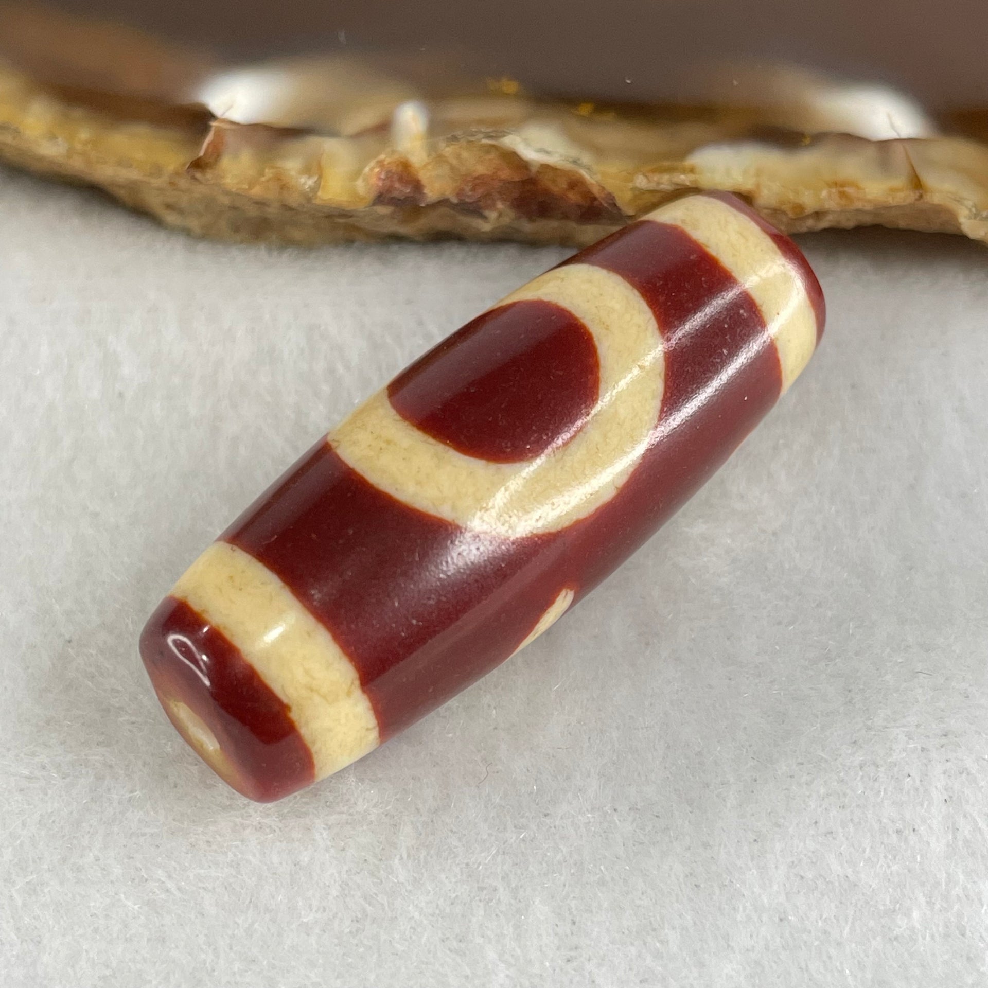 Natural Powerful Tibetan Old Oily Red White Agate One Eye Gold Metal Element Dzi Bead Heavenly Master (Tian Zhu) 一眼金天珠 10.96g 37.5 by 13.5mm - Huangs Jadeite and Jewelry Pte Ltd
