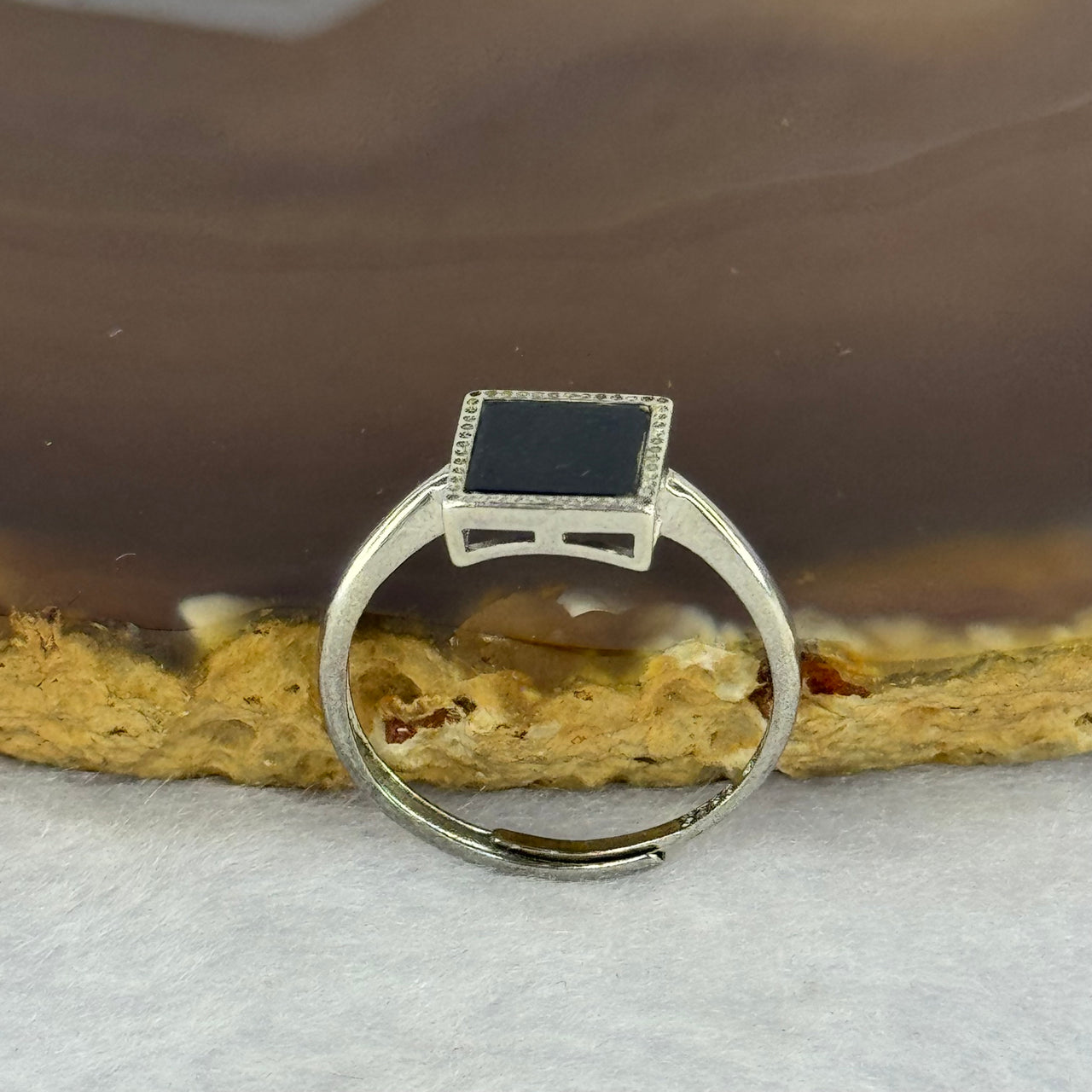 Type A Translucent Black Omphasite Jadeite Square Shaped in S925 Sliver Ring (Adjustable Size) 1.50g 7.5 by 7.5 by 1.5mm - Huangs Jadeite and Jewelry Pte Ltd