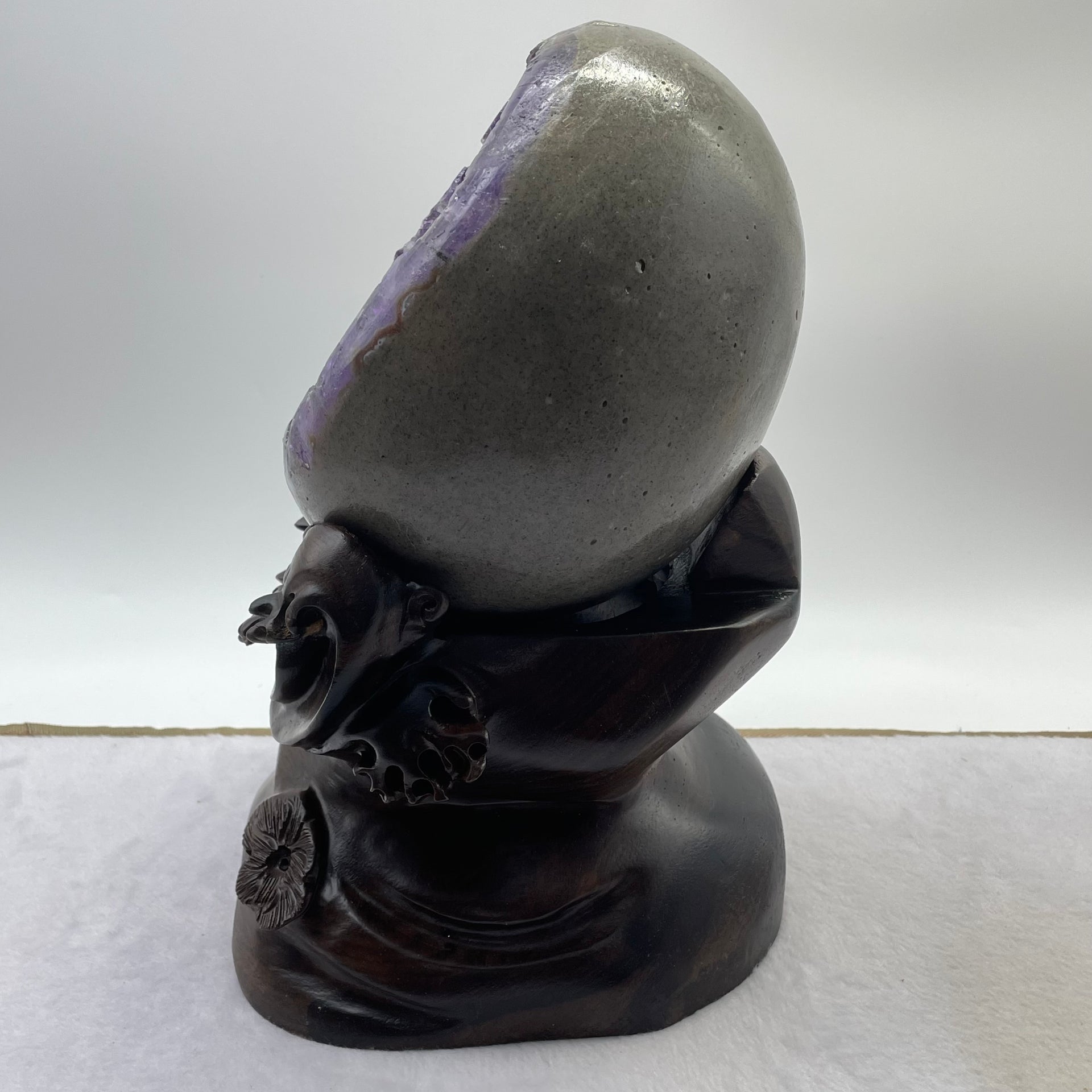 Natural Deep Purple Amethyst Egg with Wooden Stand Display Total 5,224.7g 170.0 by 165.0 by 265.0mm - Huangs Jadeite and Jewelry Pte Ltd